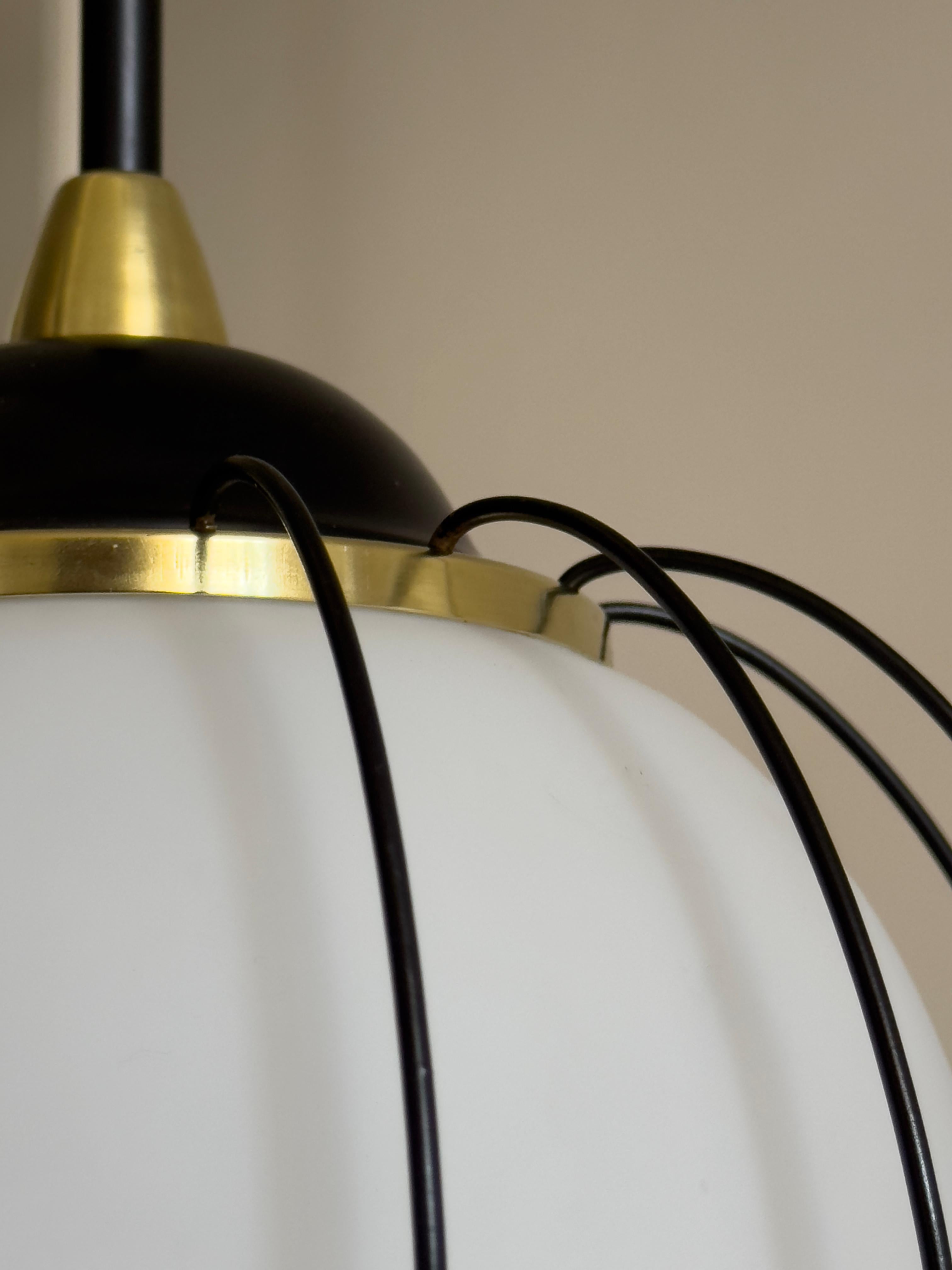 Rare 1950/60s Italian ceiling lamp: brass, satin opal glass, black painted metal For Sale 7