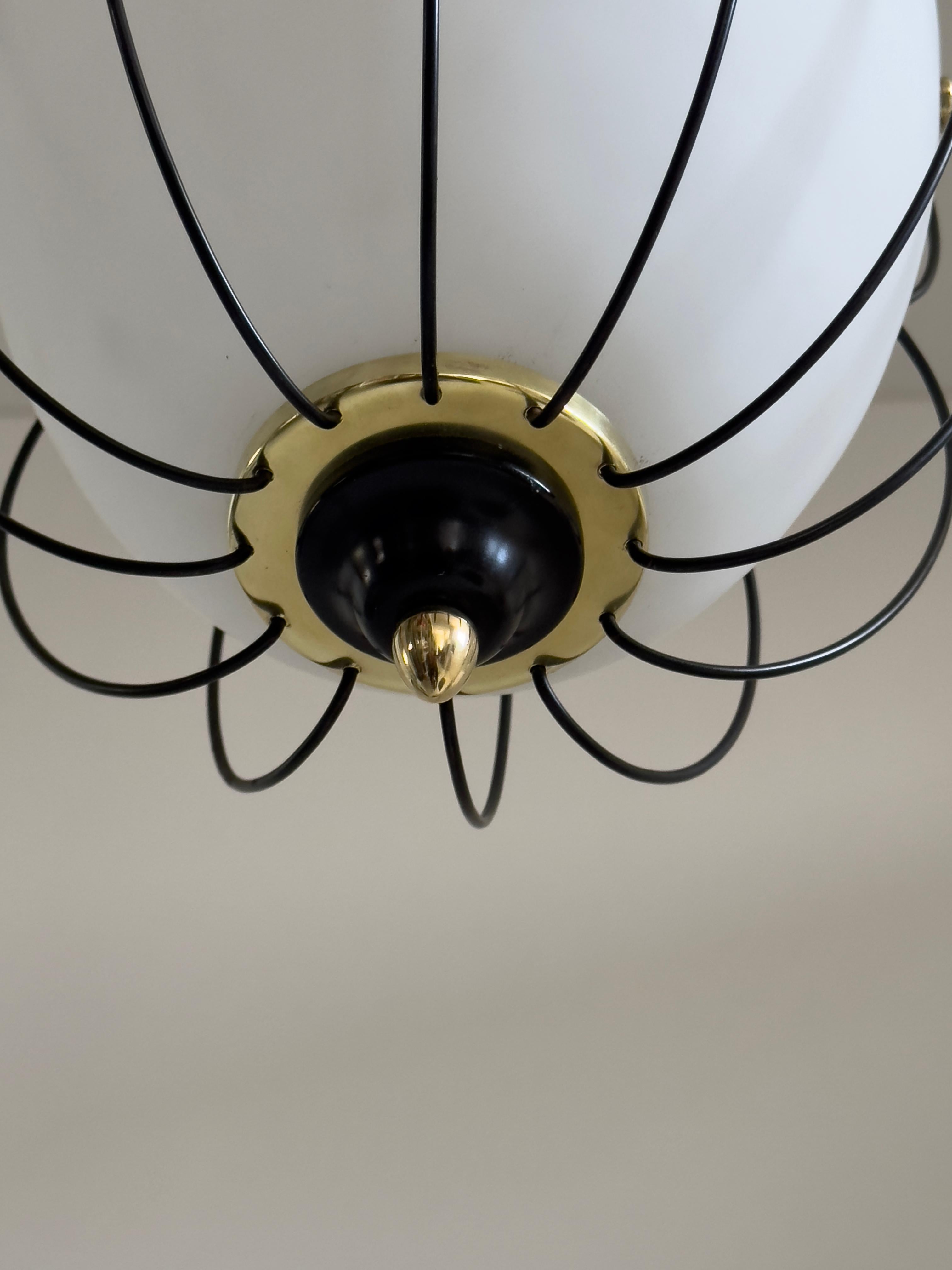 Rare 1950/60s Italian ceiling lamp: brass, satin opal glass, black painted metal For Sale 8