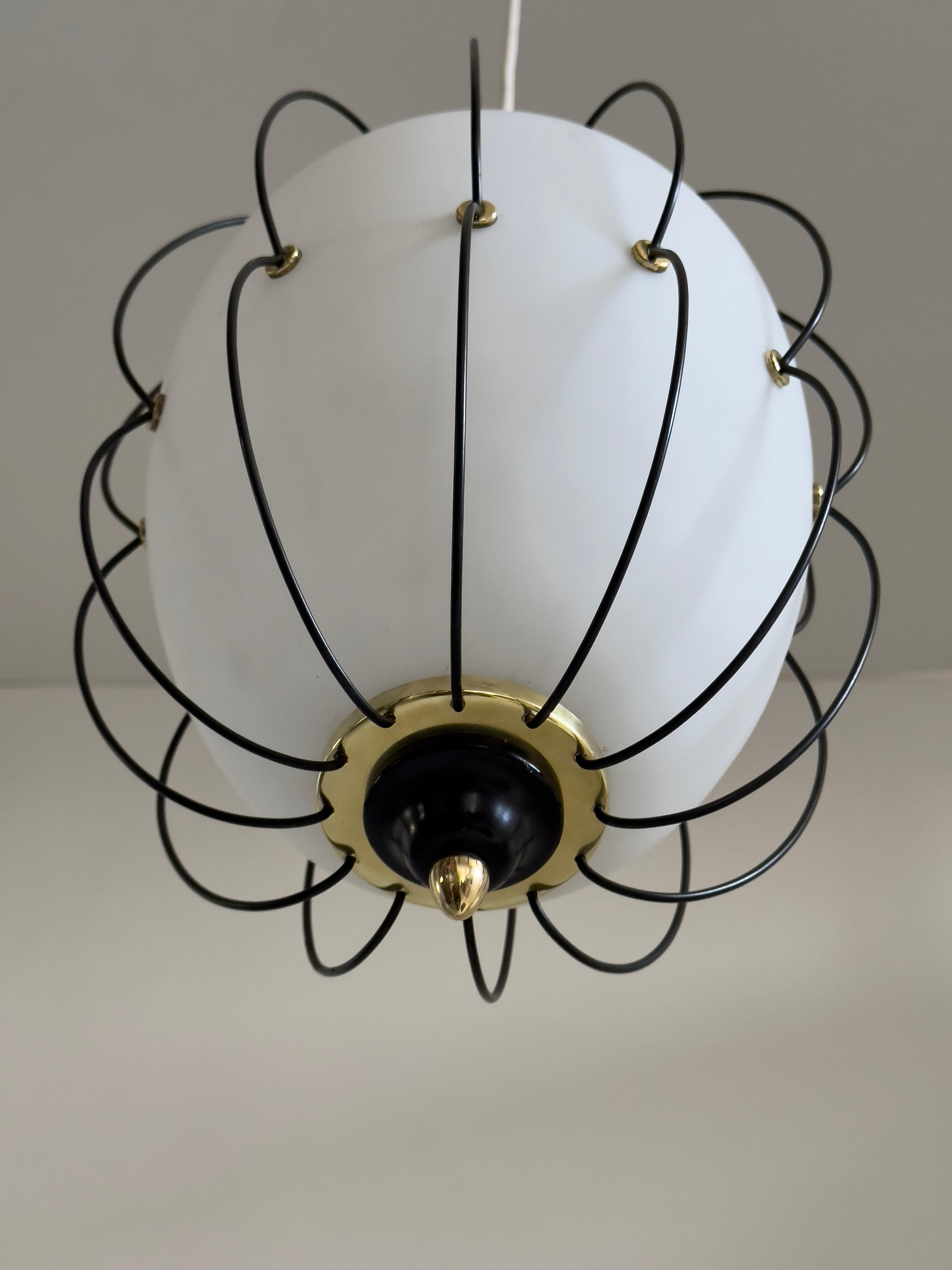 Rare 1950/60s Italian ceiling lamp: brass, satin opal glass, black painted metal For Sale 9