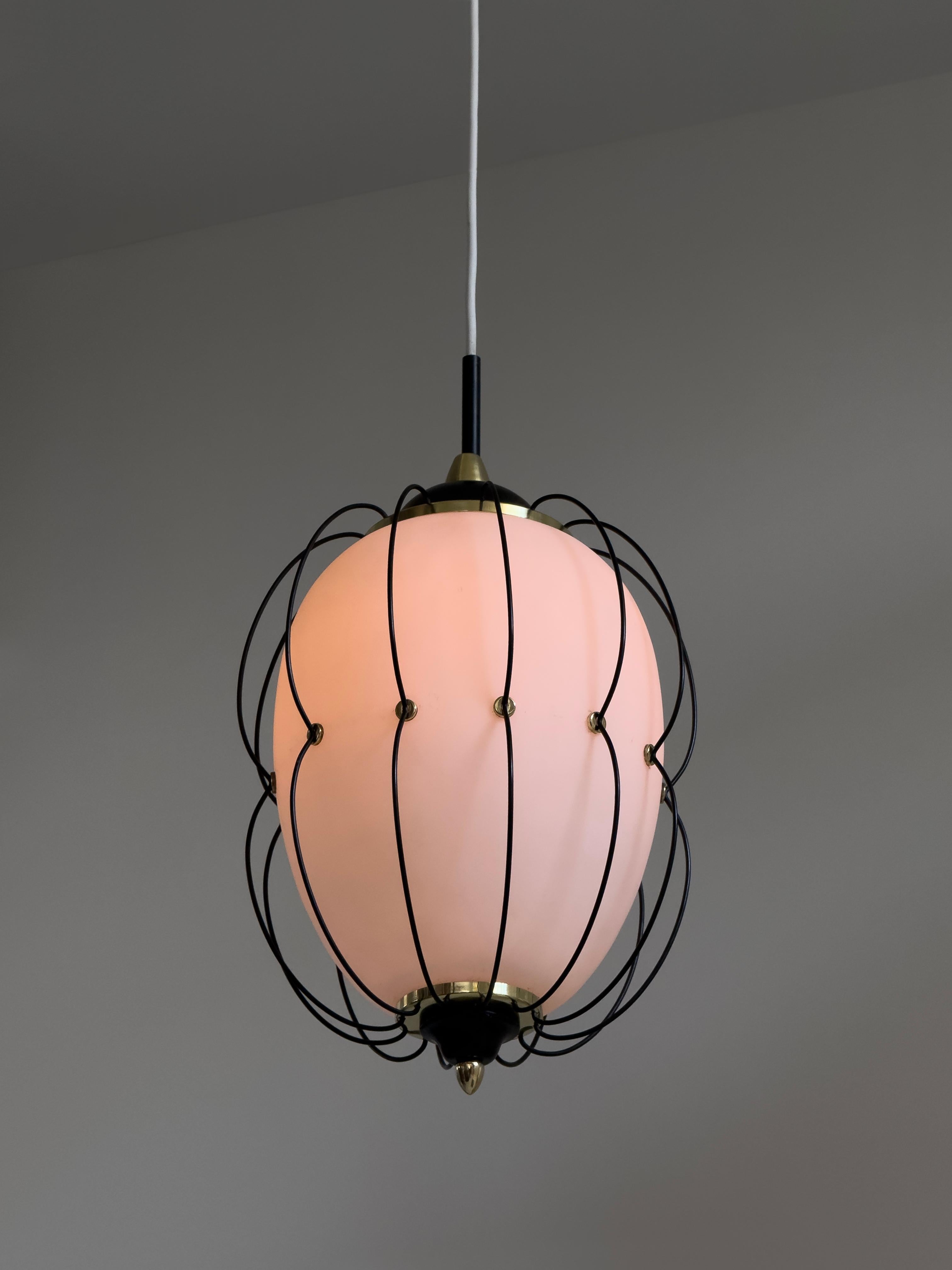 Mid-Century Modern Rare 1950/60s Italian ceiling lamp: brass, satin opal glass, black painted metal For Sale