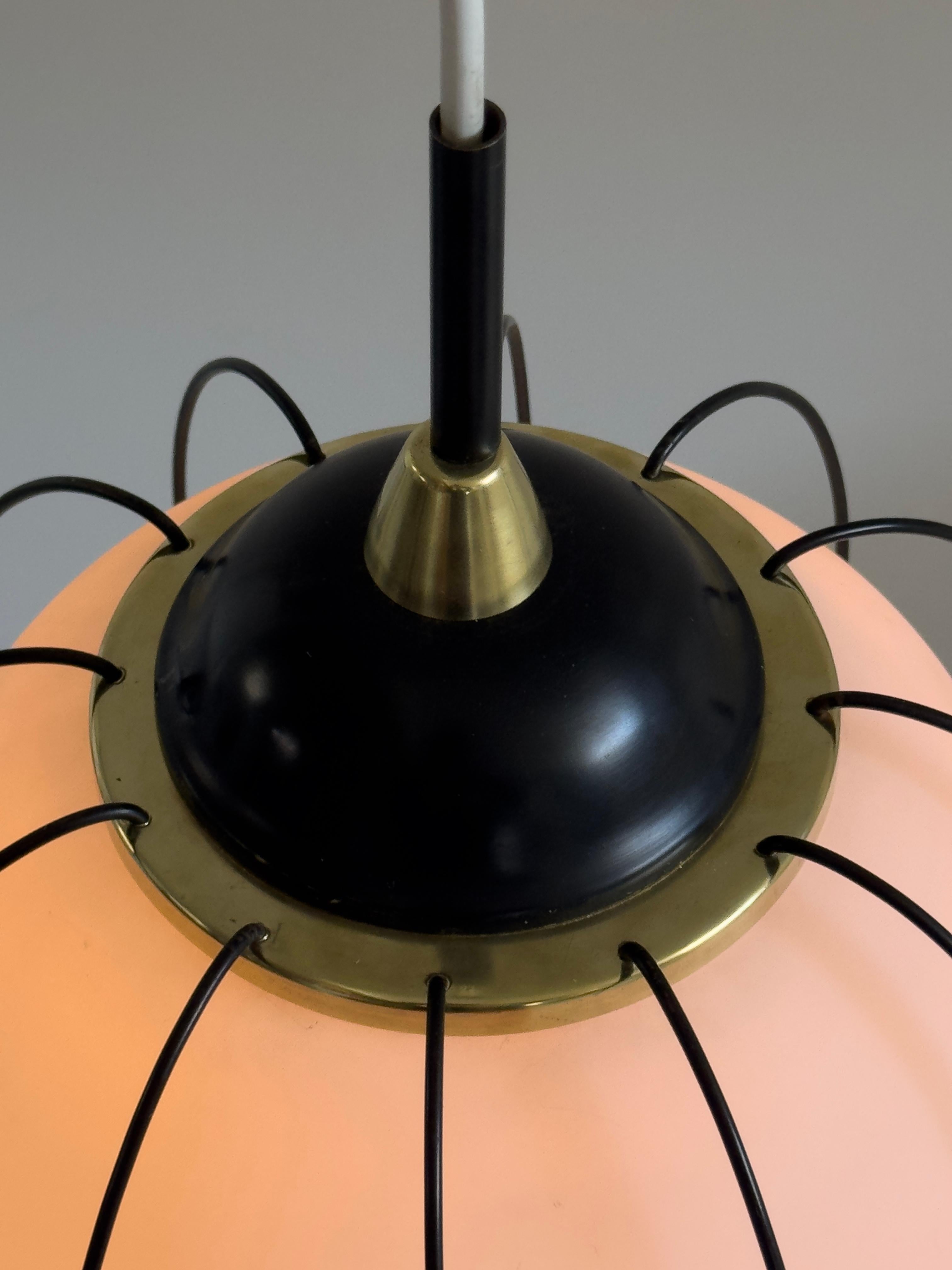 Mid-20th Century Rare 1950/60s Italian ceiling lamp: brass, satin opal glass, black painted metal For Sale