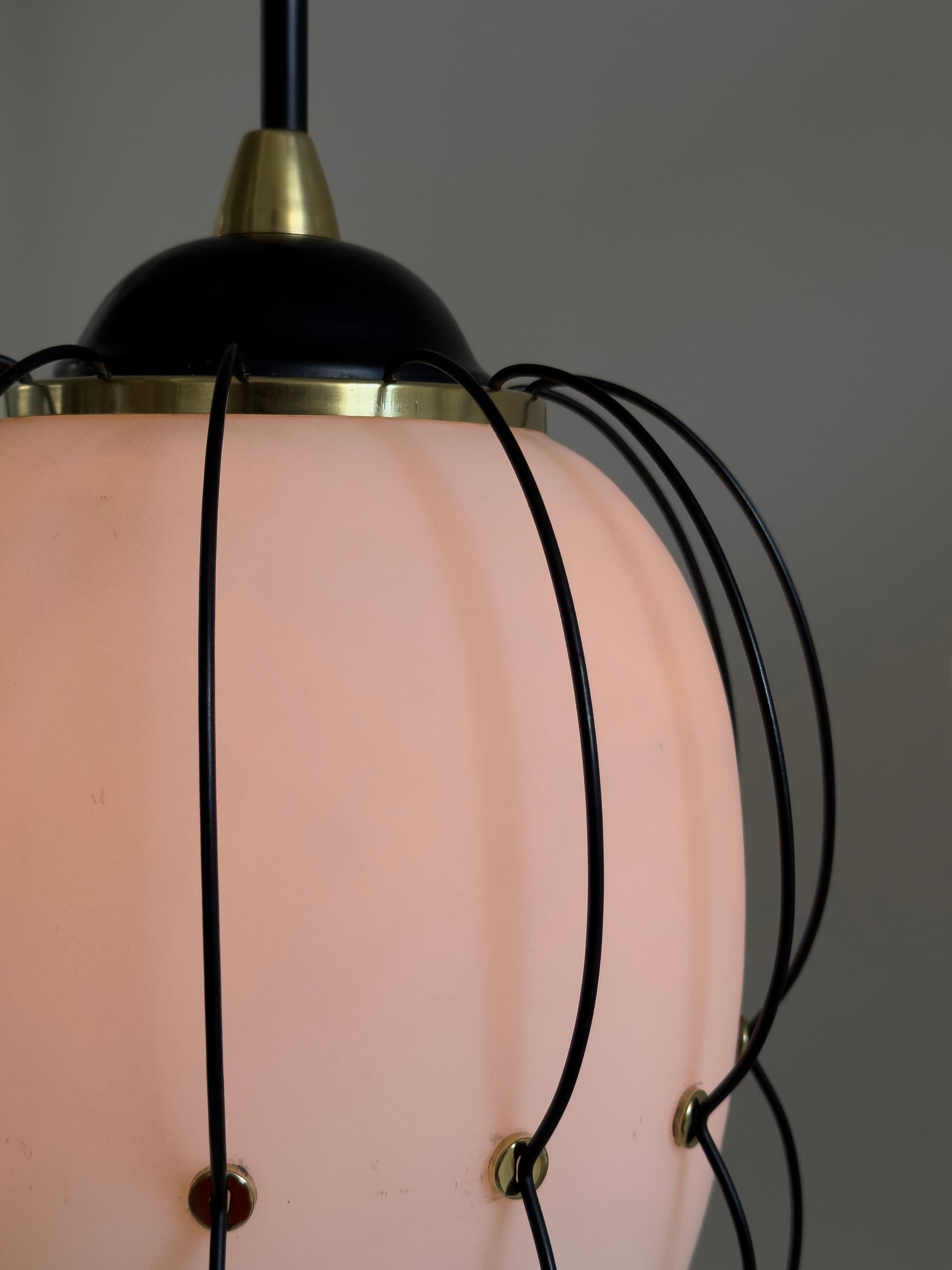 Metal Rare 1950/60s Italian ceiling lamp: brass, satin opal glass, black painted metal For Sale