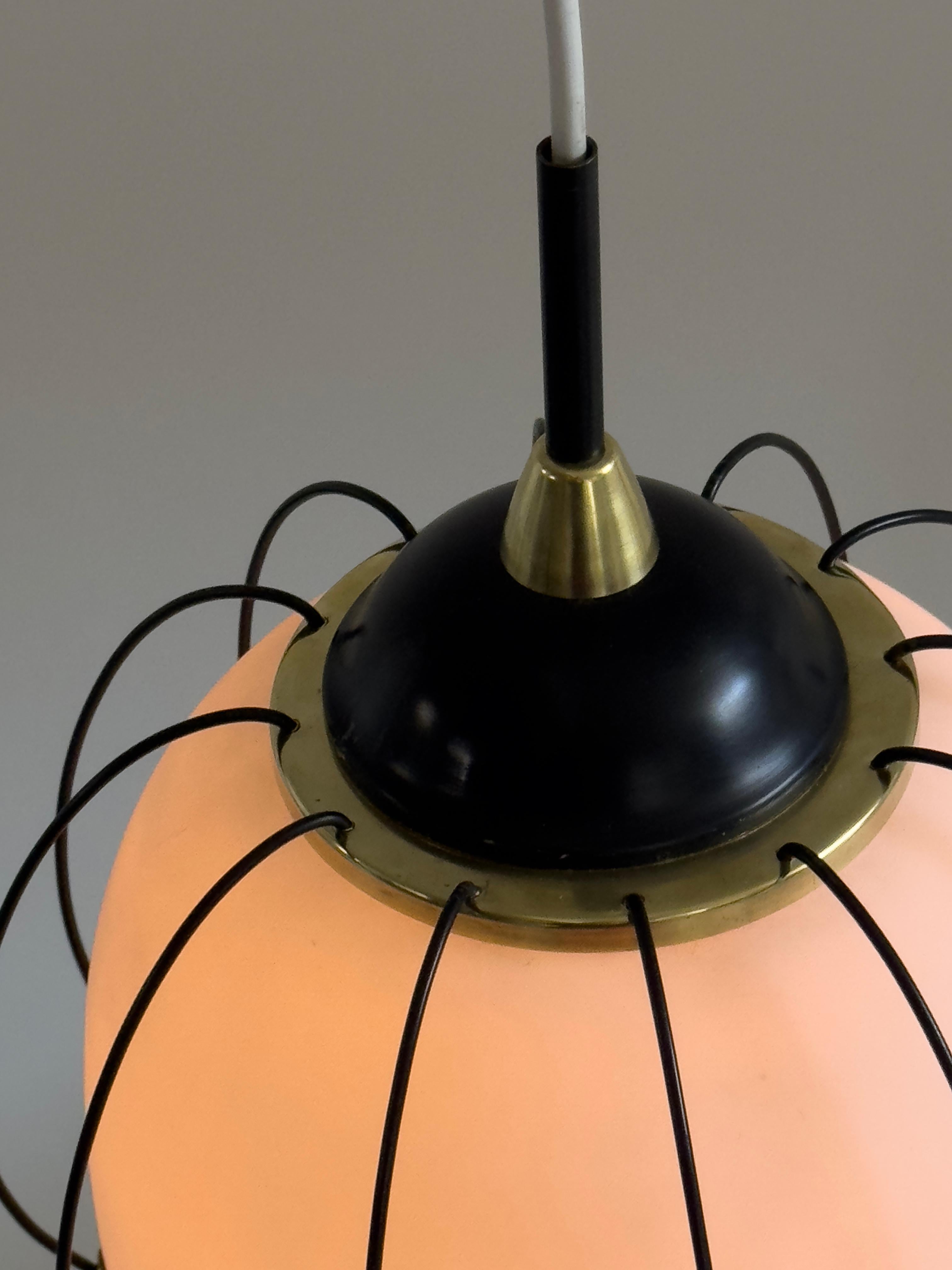 Rare 1950/60s Italian ceiling lamp: brass, satin opal glass, black painted metal For Sale 1