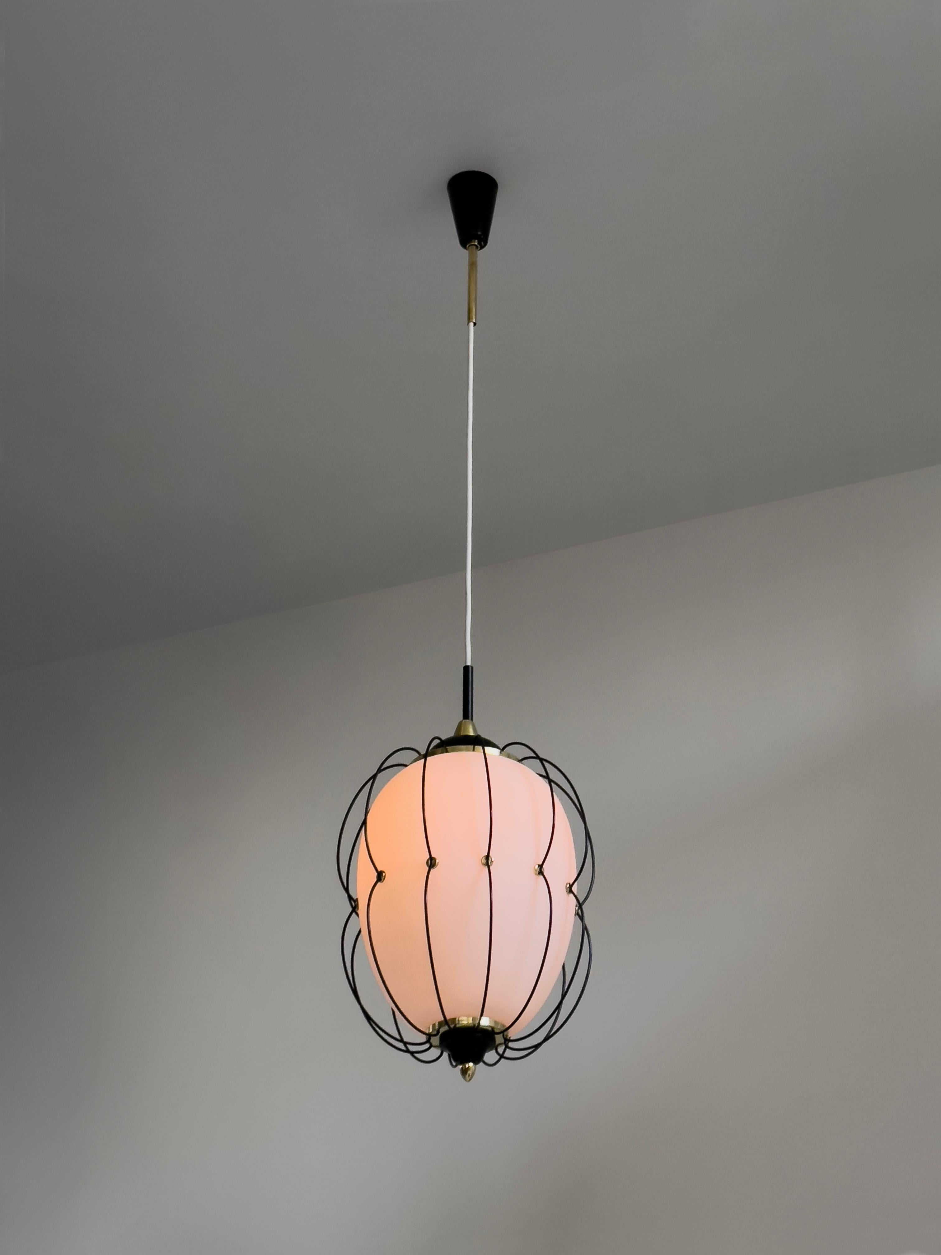Rare 1950/60s Italian ceiling lamp: brass, satin opal glass, black painted metal For Sale 2