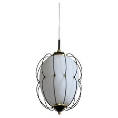Rare 1950/60s Italian ceiling lamp: brass, satin opal glass, black painted metal
