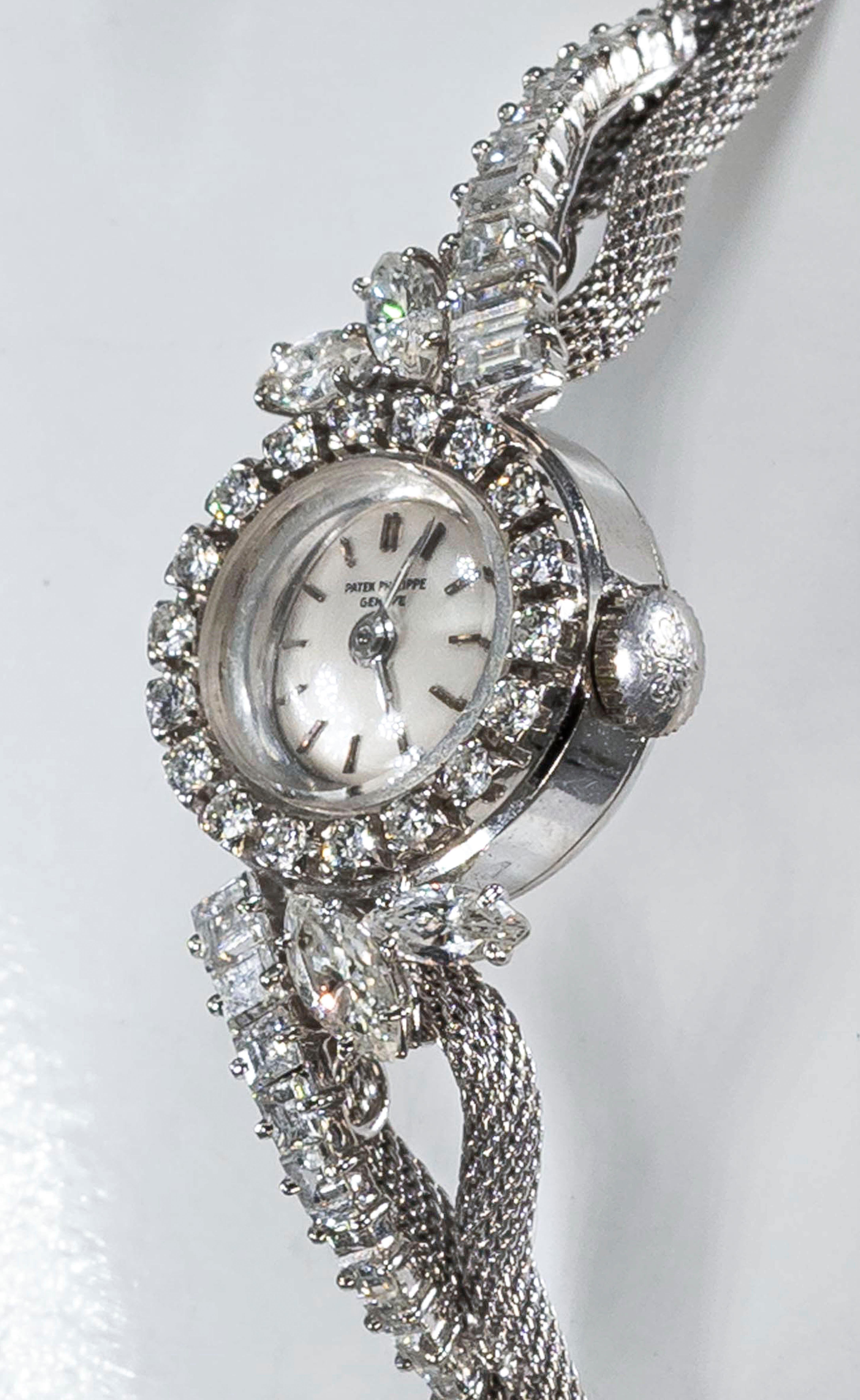 1950s-1960s Patek Philippe Platinum Triple Diamond Twist Motif Bracelet Watch In Excellent Condition In New york, NY