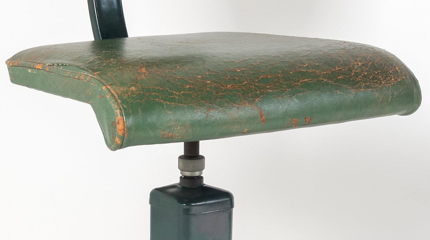 A rare and highly unusual splayed factory stool from the 1950s, by Evertaut. Likely made as a special factory piece or exhibition piece.
In excellent original condition, with lovely wear and patina to the seat, there is a small area of stitching