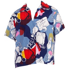 1960S Multicolor Cotton Men's Mod Novelty Lightbulb Print Popover Shirt