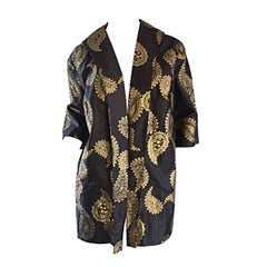 Alfred Shaheen - Rare veste kimono vintage noire et dorée imprimée à la main, années 1950