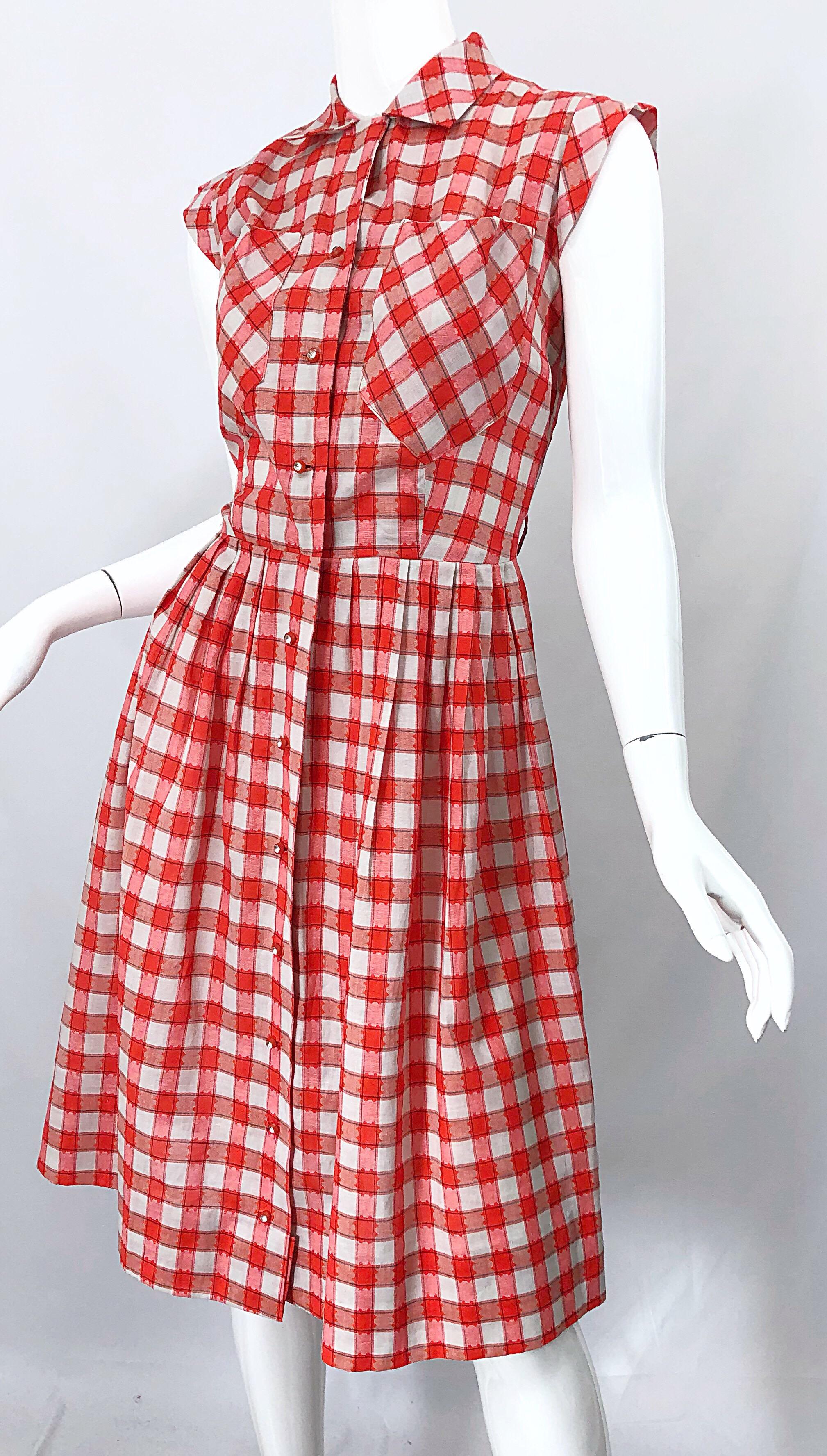 Rare 1950s Ann Taylor Red + White Checkered Rhinestone Vintage 50s Cotton Dress 3