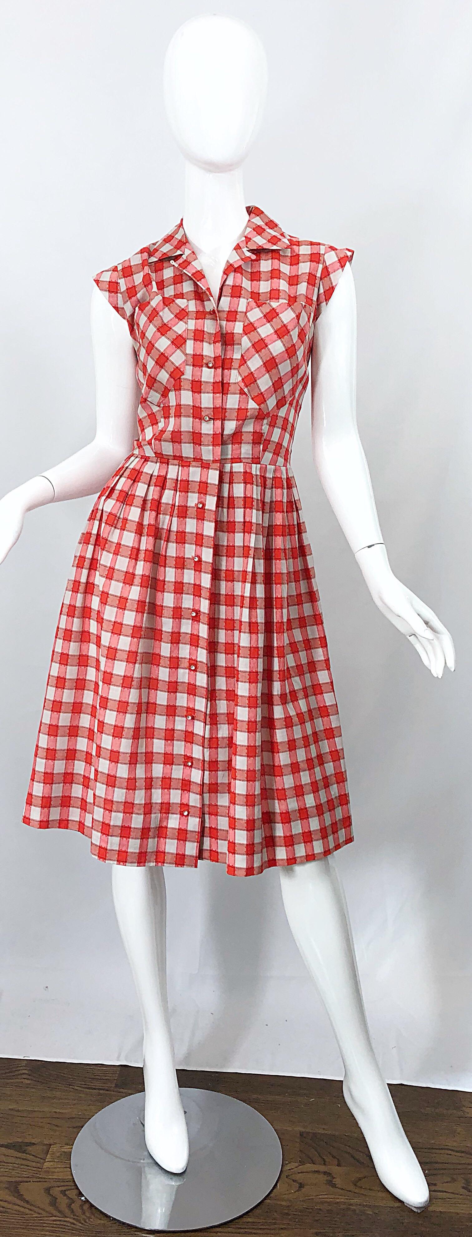 Rare 1950s Ann Taylor Red + White Checkered Rhinestone Vintage 50s Cotton Dress 8
