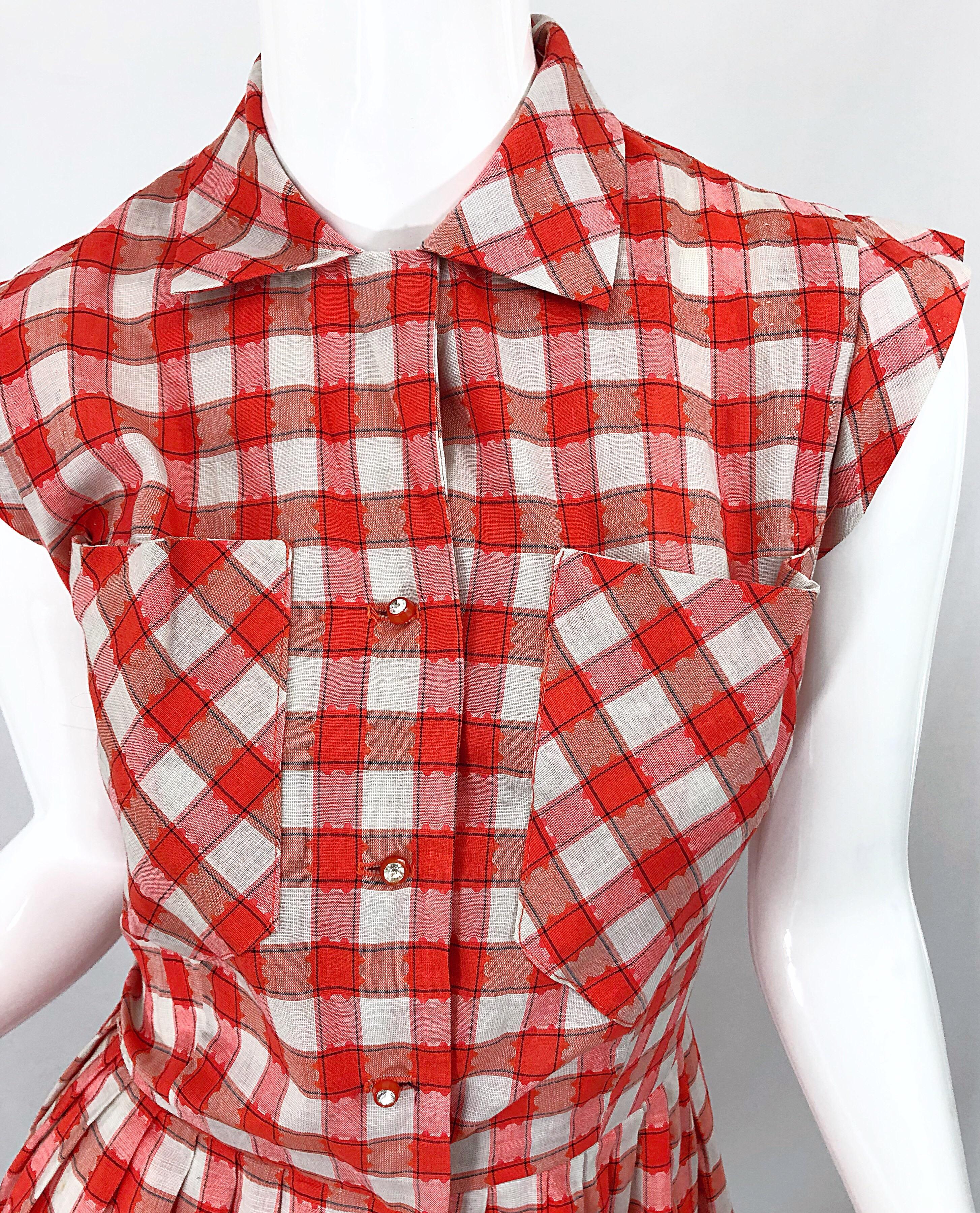 Rare 1950s Ann Taylor Red + White Checkered Rhinestone Vintage 50s Cotton Dress In Good Condition In San Diego, CA