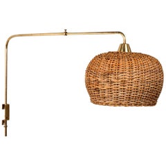 Rare 1950s Articulating Brass and Wicker Wall Light for Valinte Oy