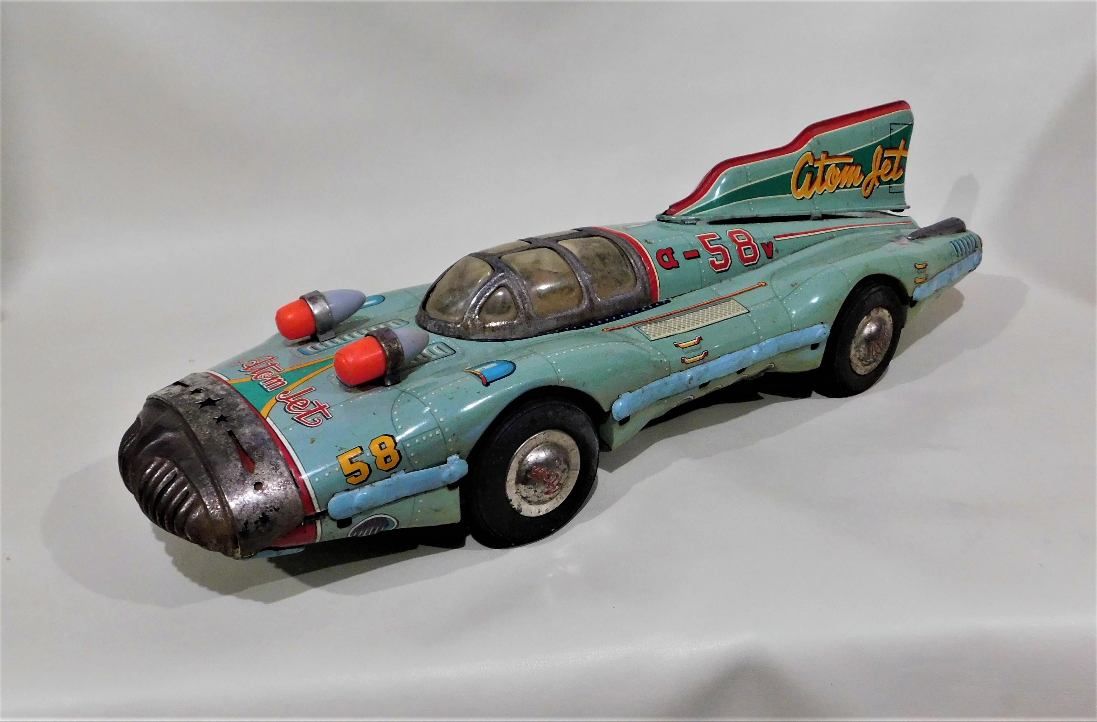 Mid-20th Century Rare 1950s Atom Jet #58 Tin Litho Friction Race Car Space Toy Yonezawa Japan