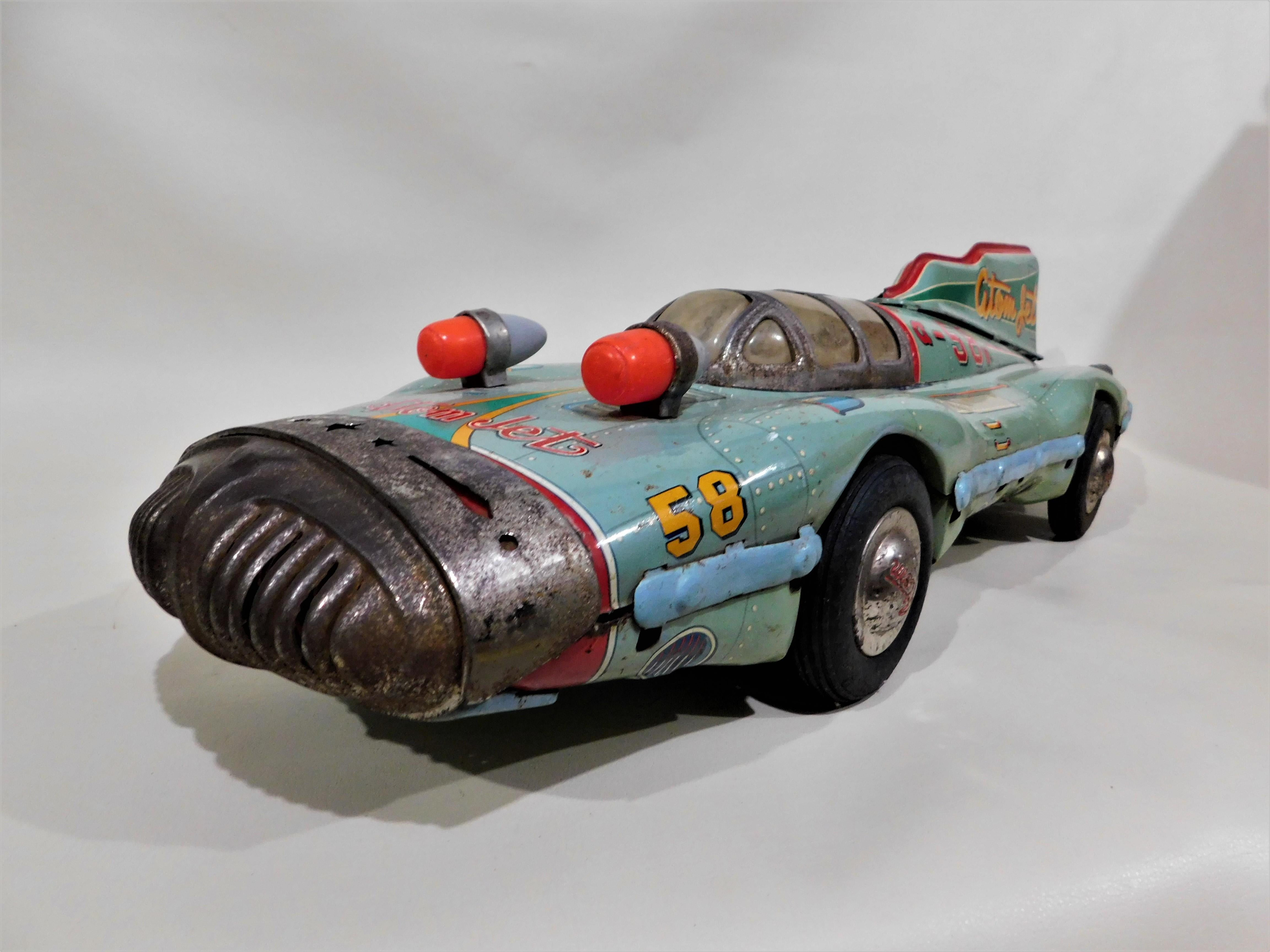 Rare 1950s Atom Jet #58 Tin Litho Friction Race Car Space Toy Yonezawa Japan 1