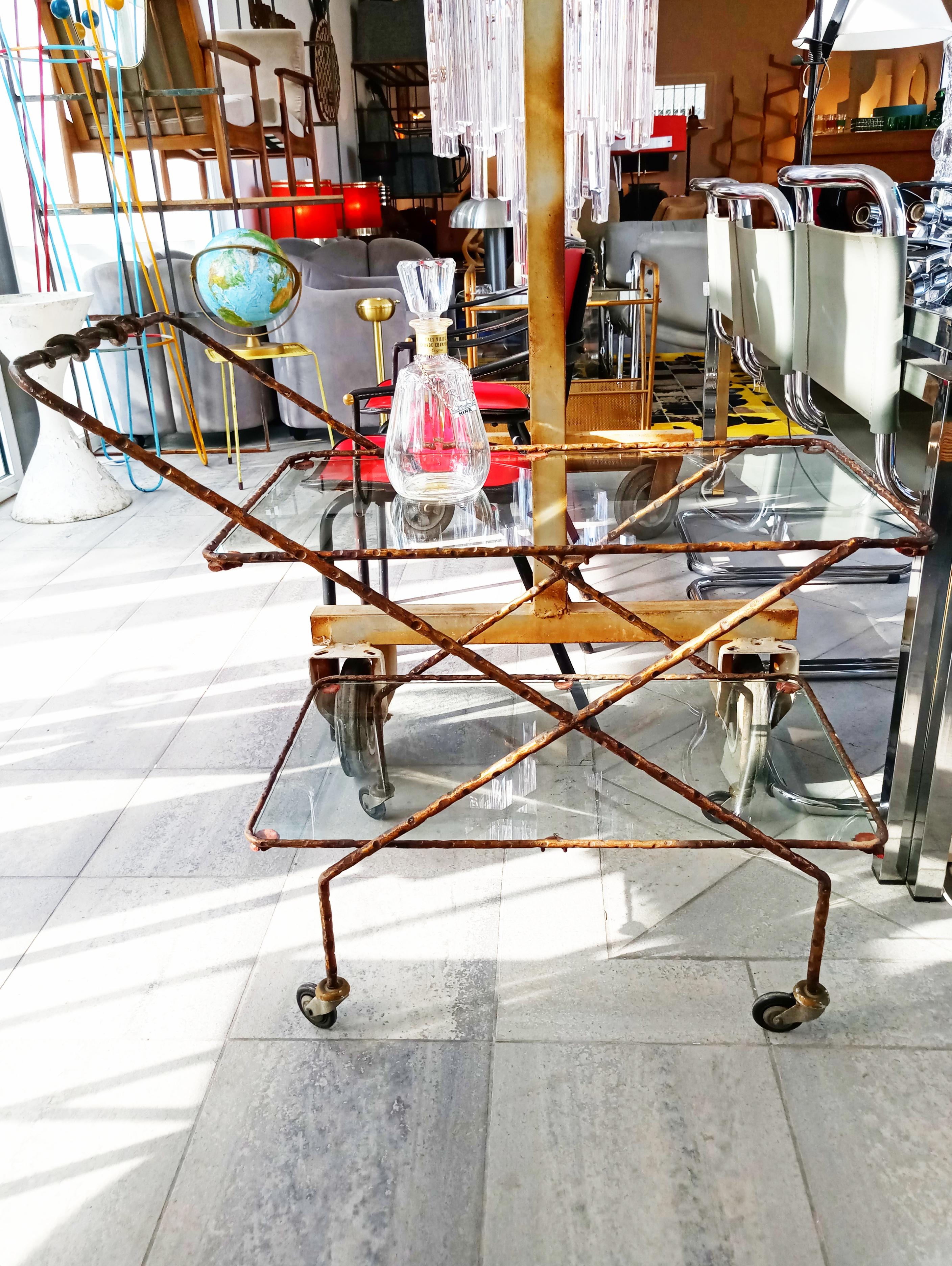 Rare 1950s Brutalist Iron Bar Cart For Sale 3
