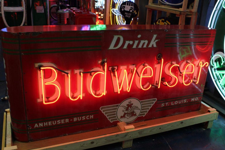 Rare 1950s Budweiser Double Sided Porcelain Bullnose Neon Sign For Sale