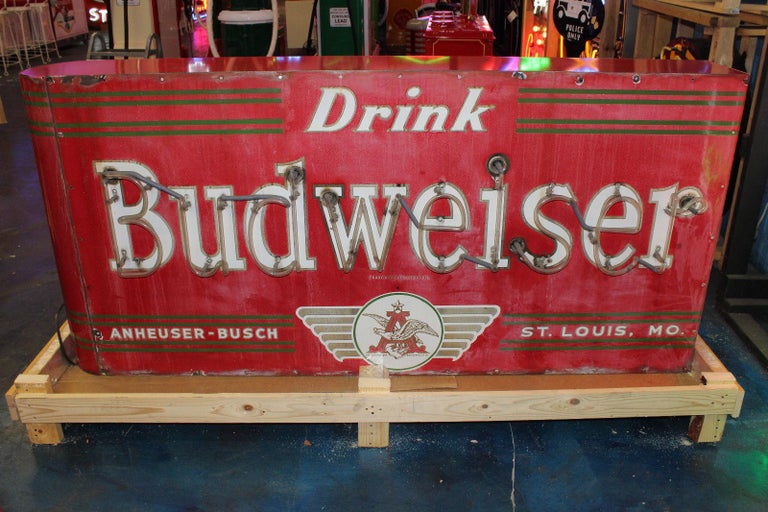 Rare 1950s Budweiser Double Sided Porcelain Bullnose Neon Sign For Sale