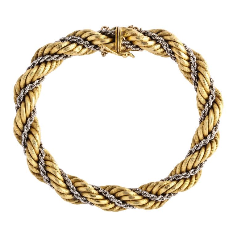 1960s Cartier TwoTone Gold Rope Twist Chain Bracelet with Box For Sale