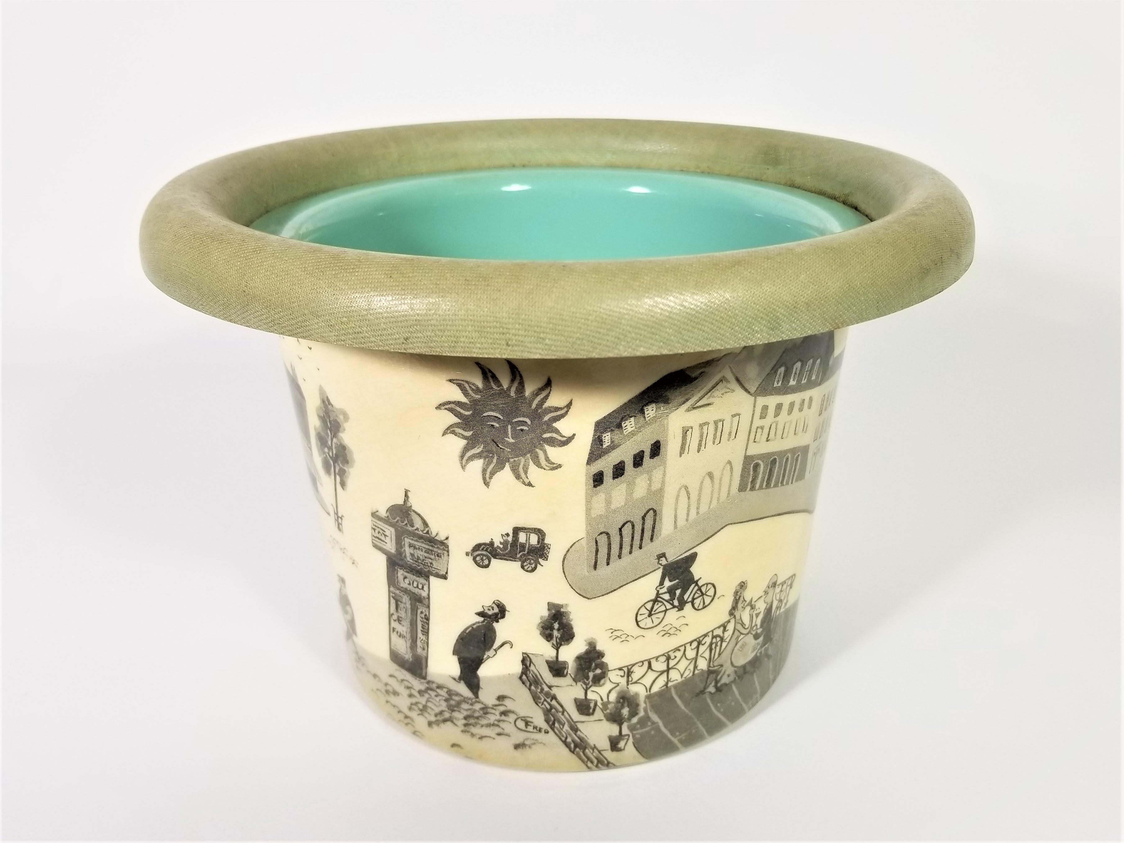 1950s midcentury fiberglass unique champagne bucket with detailed French scene illustrations.
  