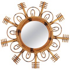 Vintage Rare 1950s French Riviera Bamboo and Rattan Flower Burst Sunburst Mirror