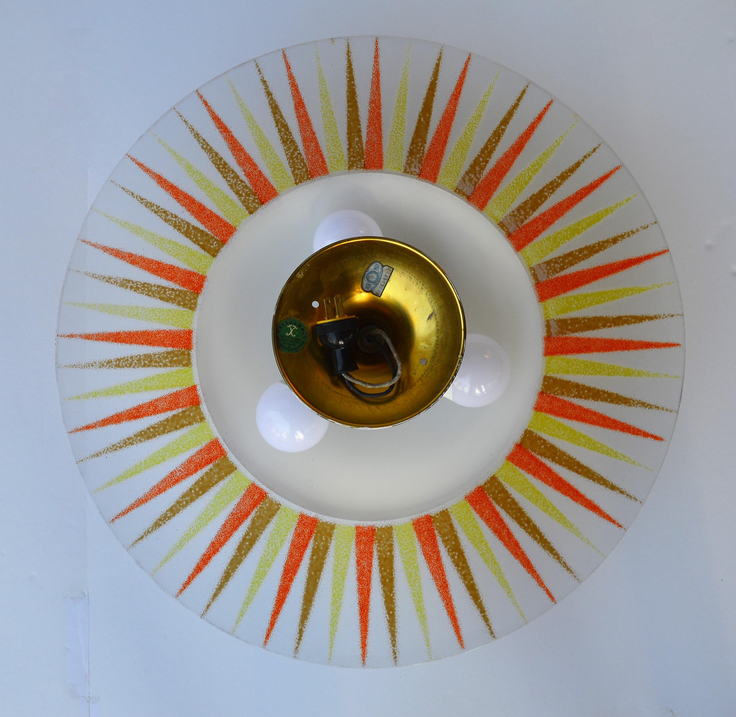 American Rare 1950s Gerald Thurston for Lightolier Glass and Brass Sunburst Ceiling Light For Sale