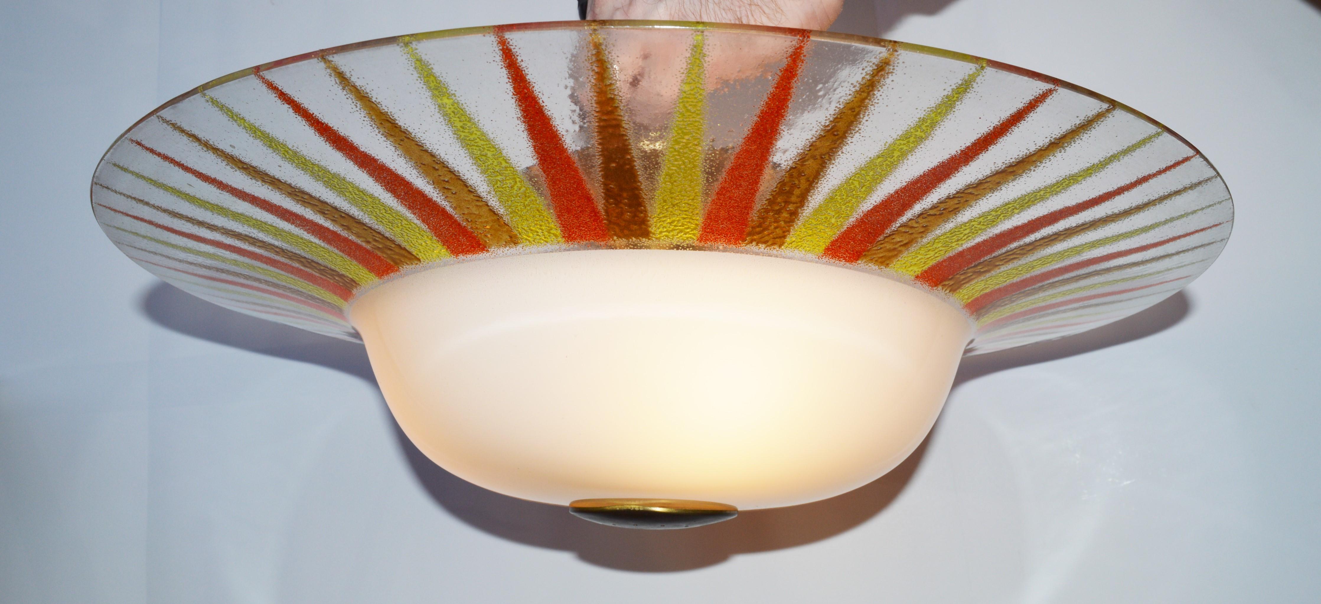 Rare 1950s Gerald Thurston for Lightolier Glass and Brass Sunburst Ceiling Light In Good Condition For Sale In New Westminster, British Columbia