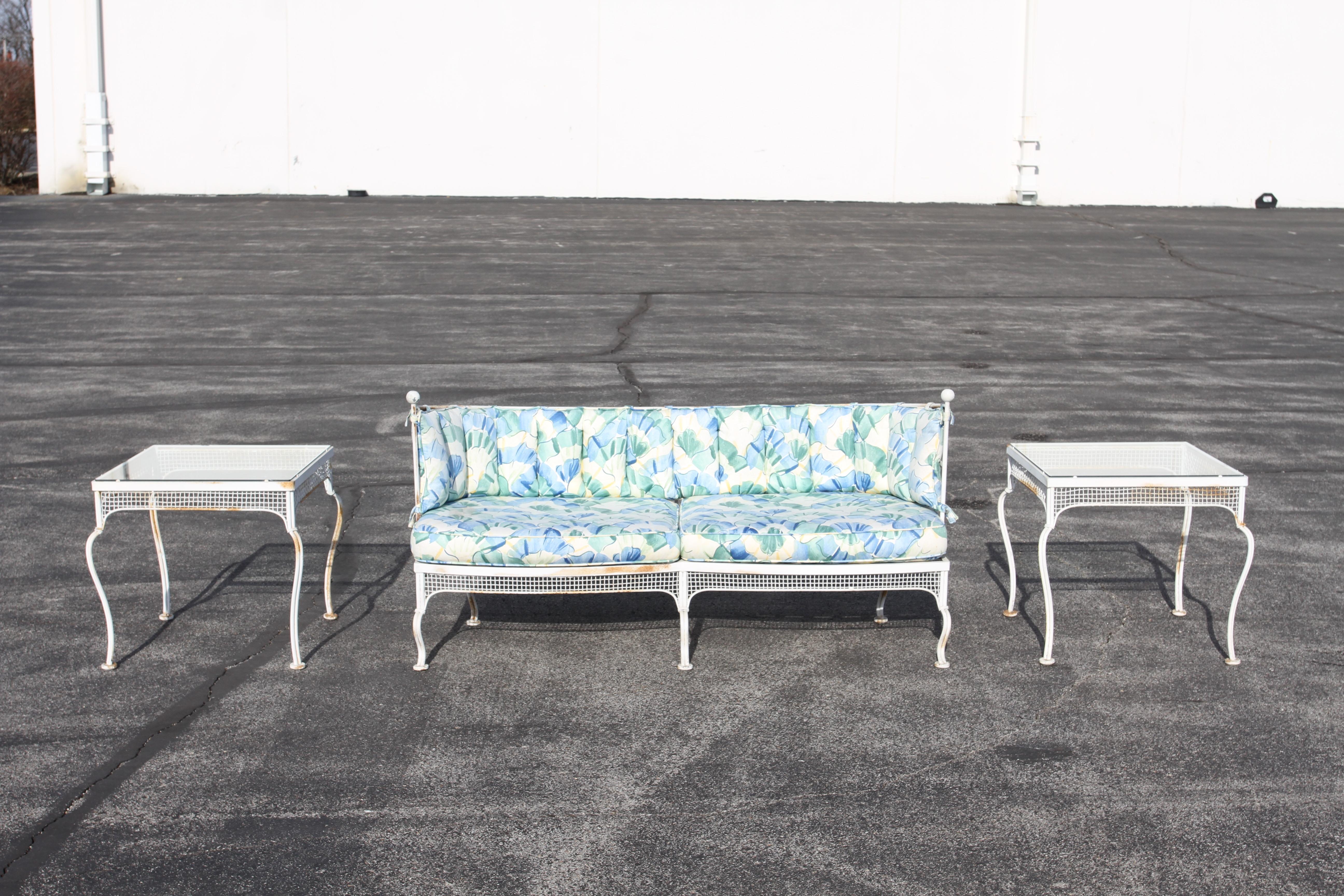 American Rare 1950s Glamorous Woodard Wrought Iron & Mesh Settee, Aluminum Ball Finials