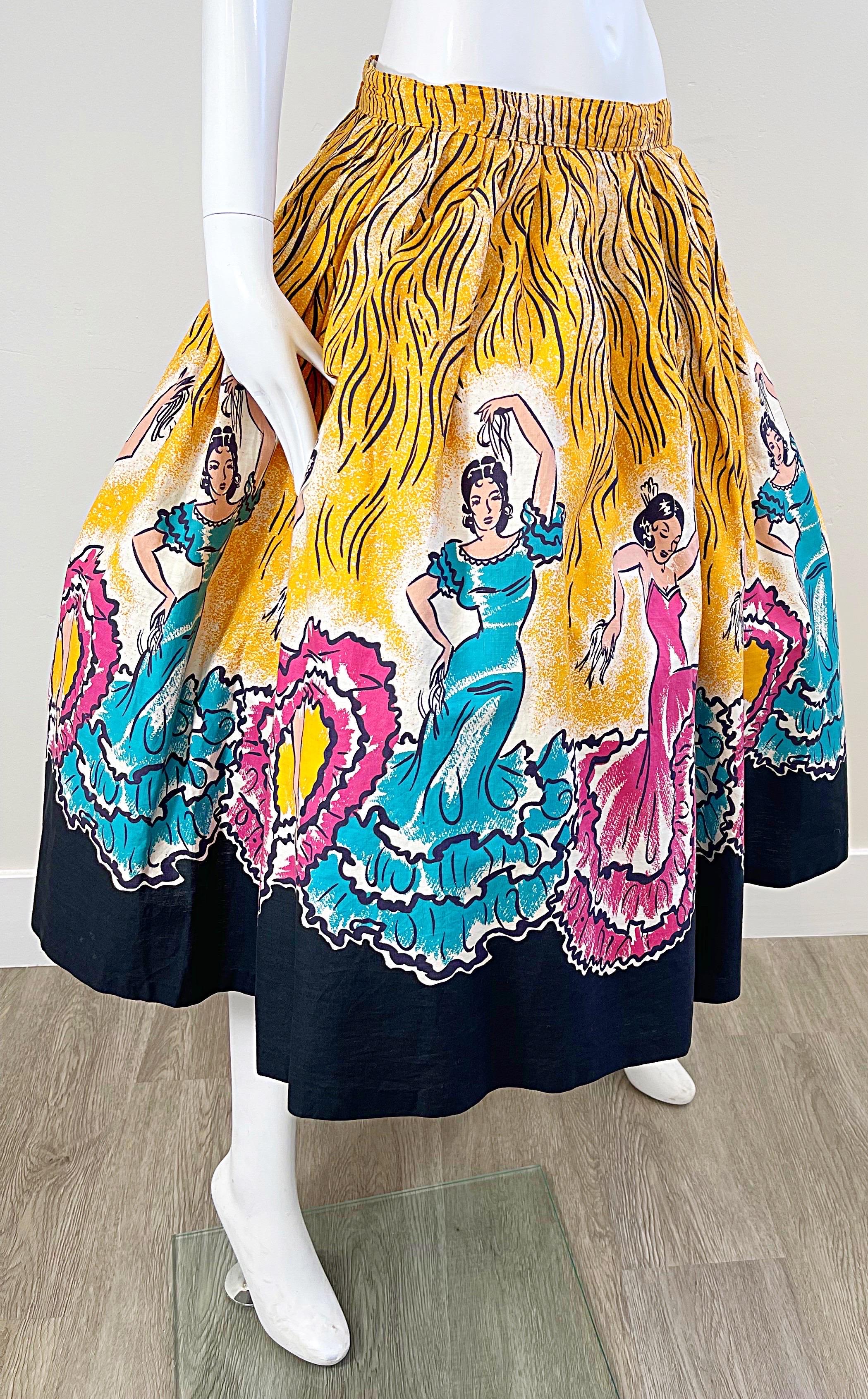 Rare jupe circulaire flamenco fantaisie peinte à la main, taille 34 pouces (années 1950) en vente 5