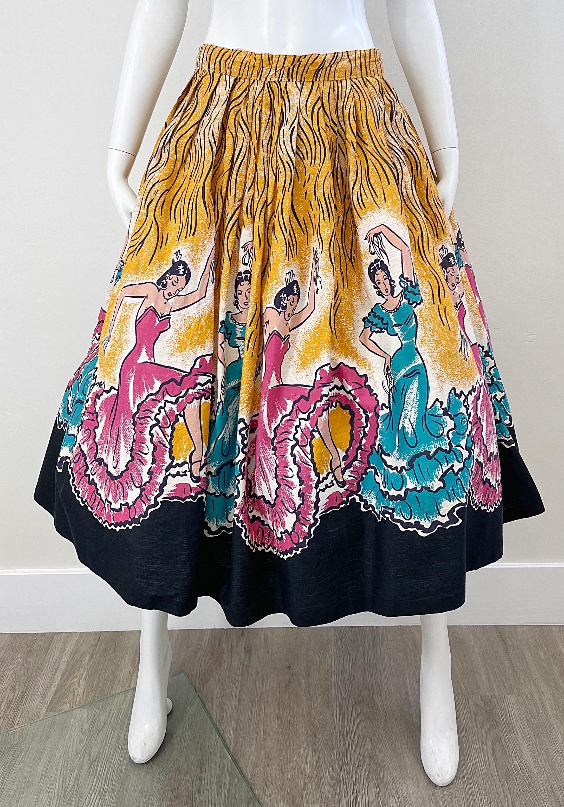 Rare vintage 50s hand painted novelty flamenco dancer print cotton circle skirt ! Features flamenco dancers in pink and turquoise blue dance dresses. Vibrant marigold yellow background with black abstract lines. Hidden metal zipper up the side with