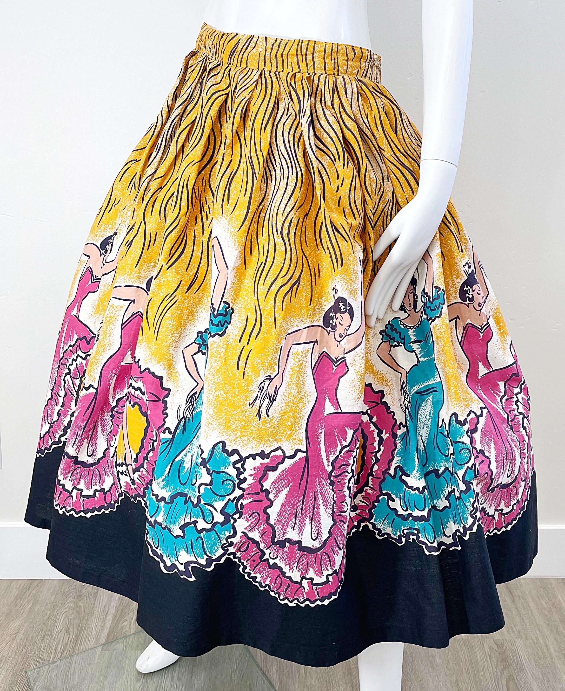 Beige Rare 1950s Hand Painted Large Size 34 inch Waist Novelty Flamenco Circle Skirt For Sale