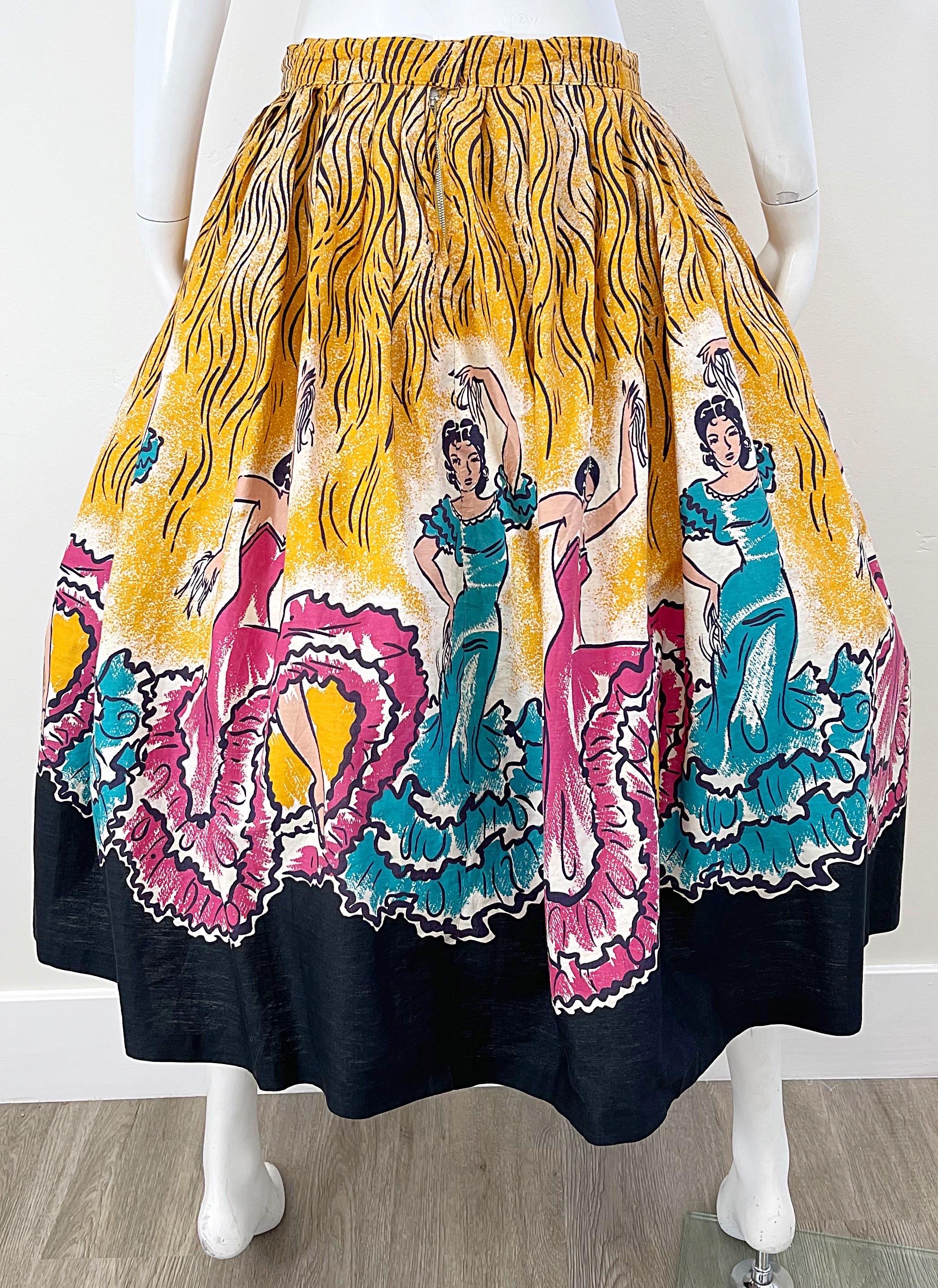 Women's Rare 1950s Hand Painted Large Size 34 inch Waist Novelty Flamenco Circle Skirt For Sale