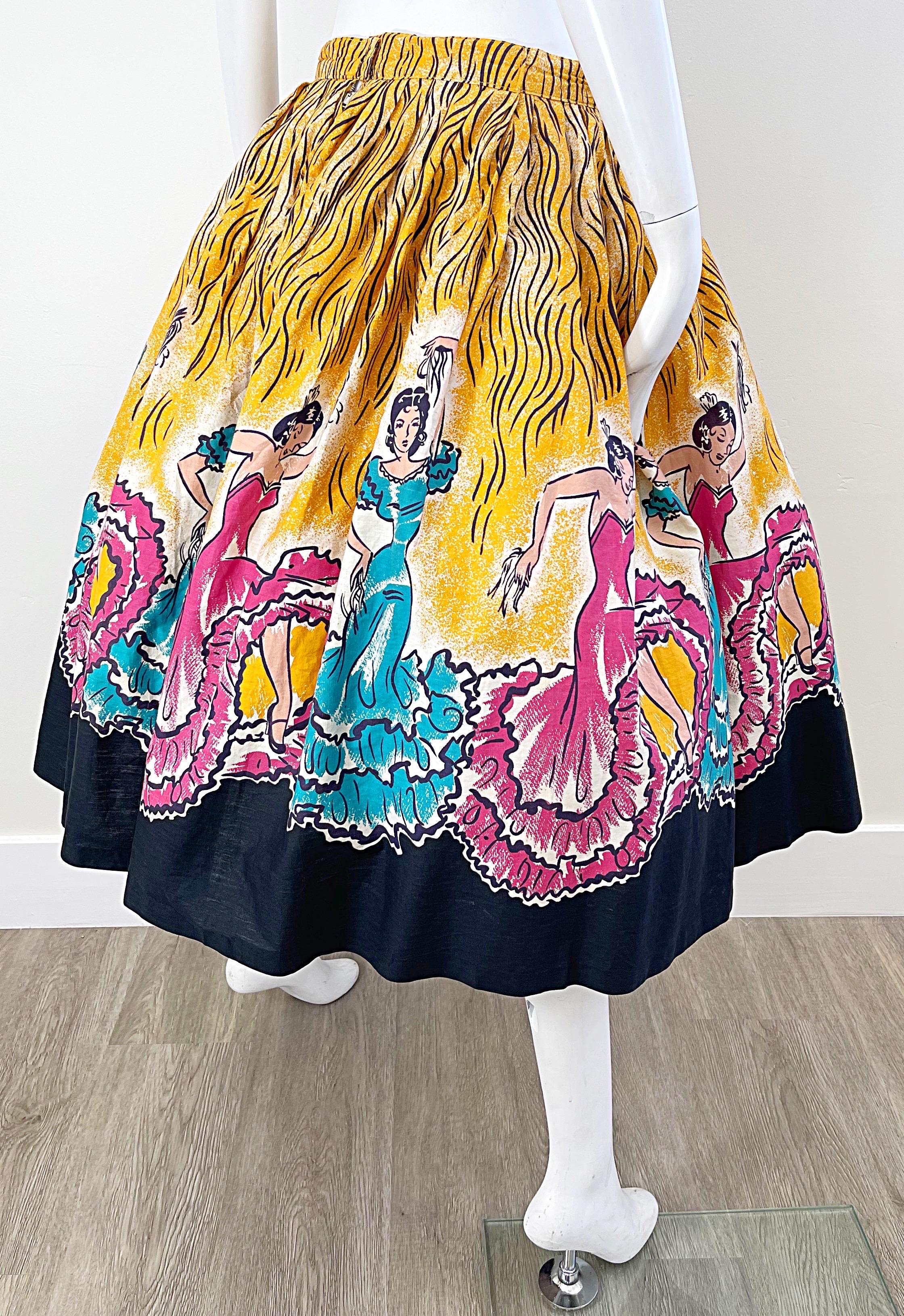 Rare 1950s Hand Painted Large Size 34 inch Waist Novelty Flamenco Circle Skirt For Sale 1