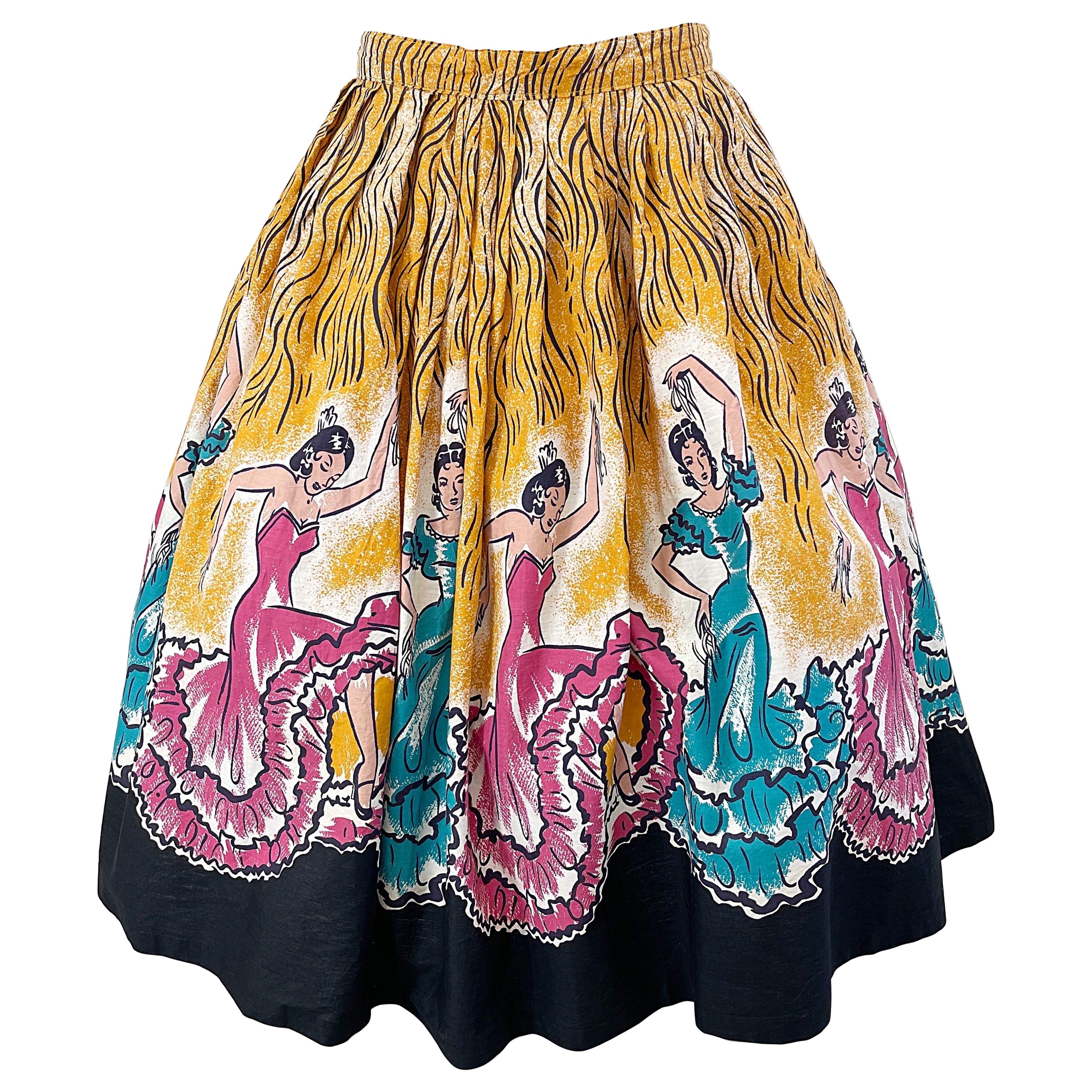 Rare jupe circulaire flamenco fantaisie peinte à la main, taille 34 pouces (années 1950)