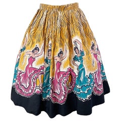 Rare jupe circulaire flamenco fantaisie peinte à la main, taille 34 pouces (années 1950)
