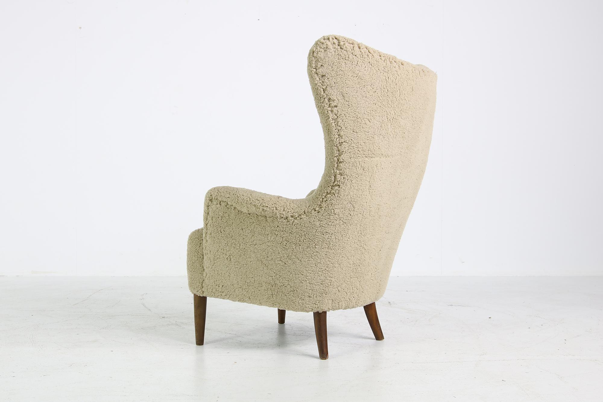Mid-20th Century Rare 1950s Lounge Wingback Chair, Danish Modern 1949, Teddy Fur Fabric & Leather