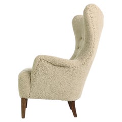 Rare 1950s Lounge Wingback Chair, Danish Modern 1949, Teddy Fur Fabric & Leather
