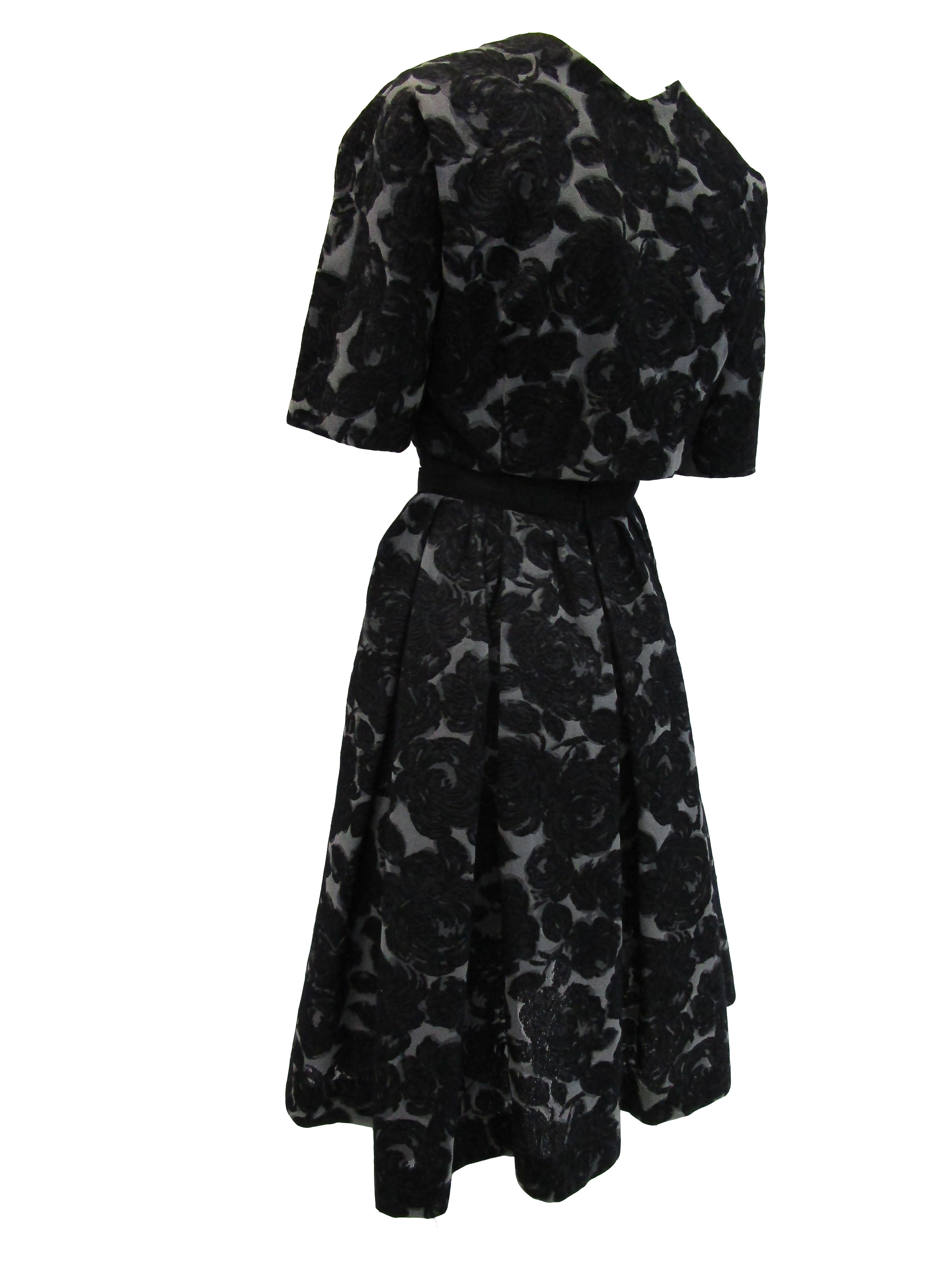 Rare 1950s Madame Gres licensed Black & Grey Embroidered Dress w/ Bolero Jacket For Sale 6