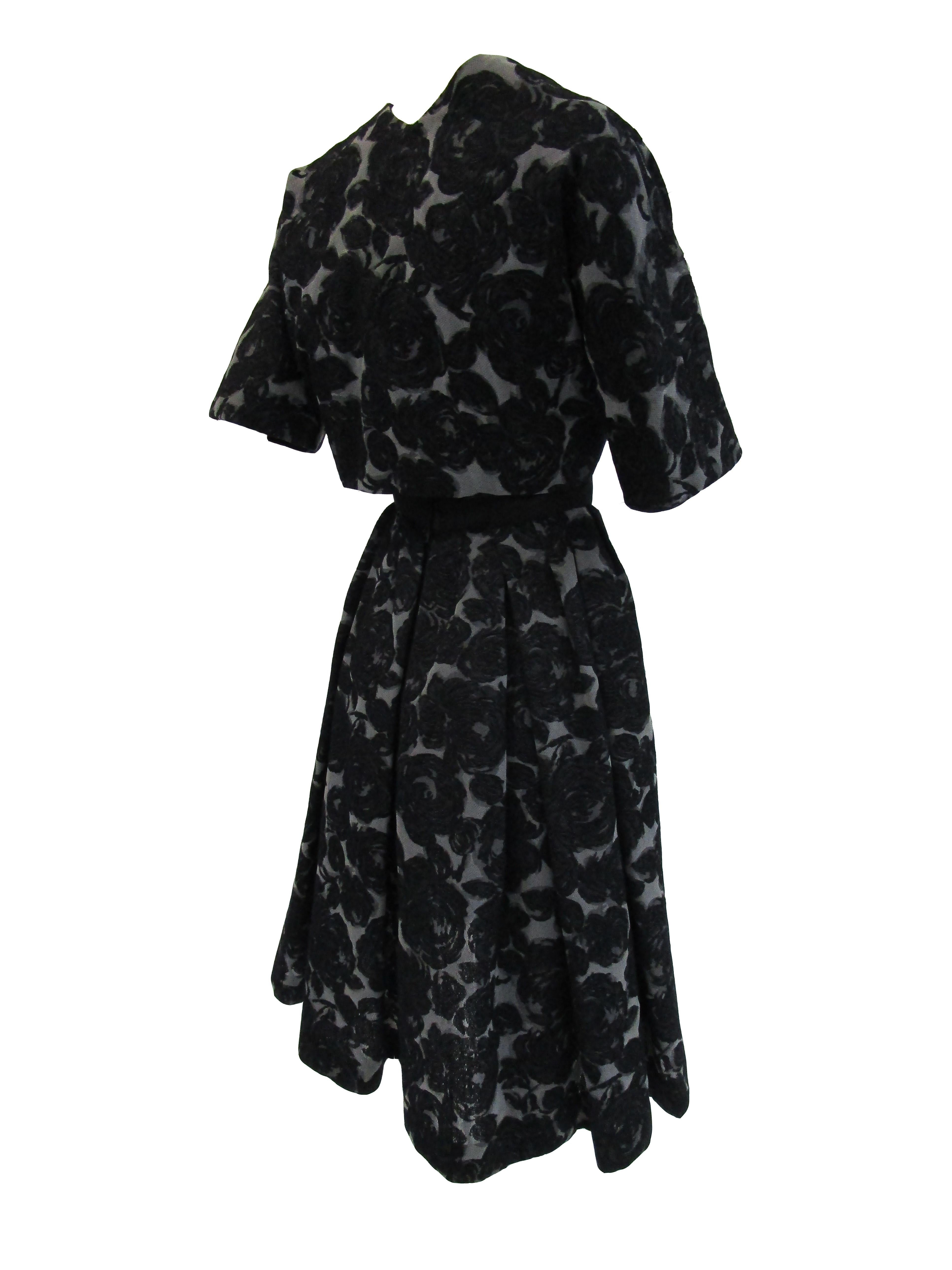 Rare 1950s Madame Gres licensed Black & Grey Embroidered Dress w/ Bolero Jacket For Sale 7