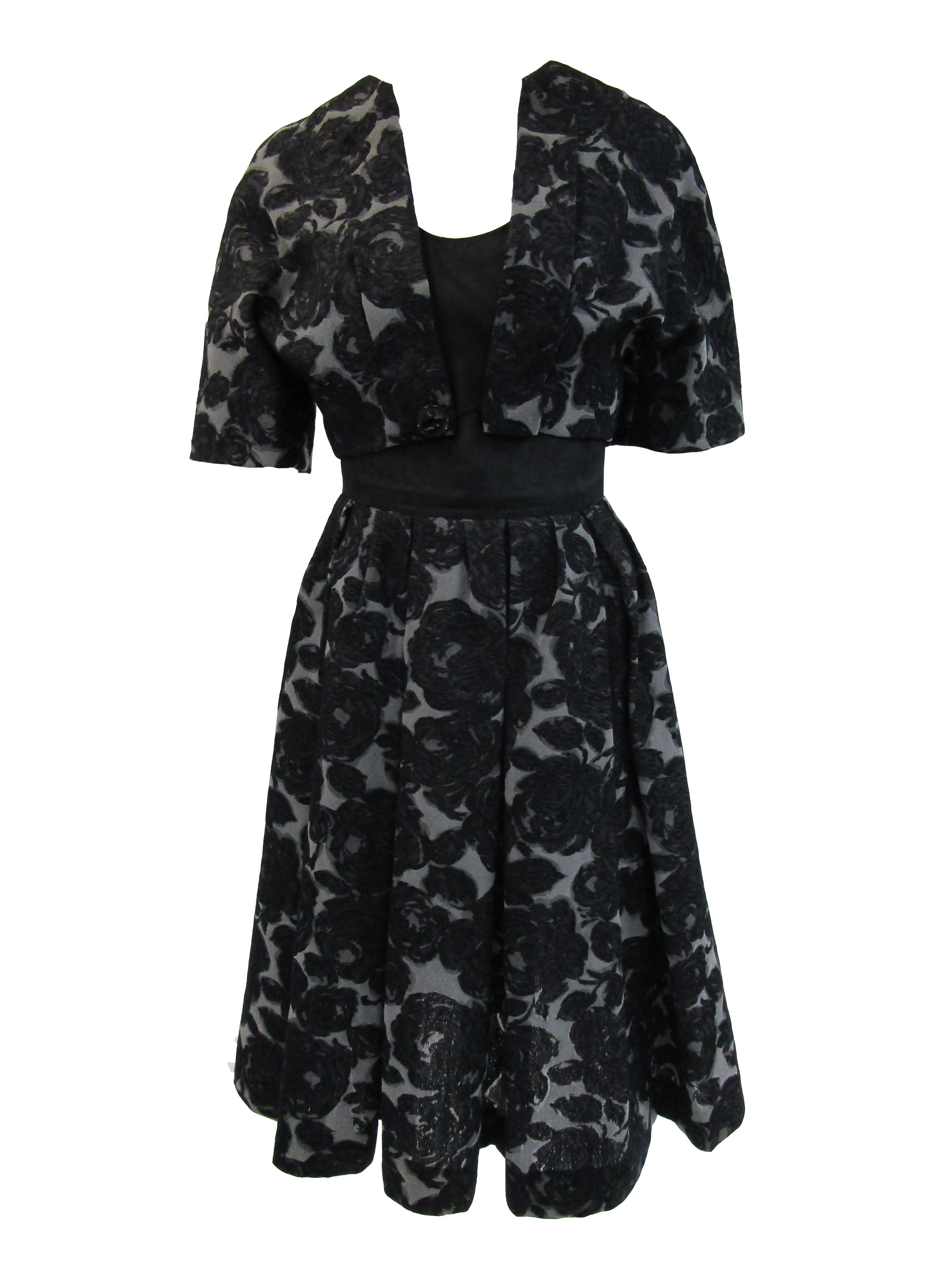Rare 1950s Madame Gres licensed Black & Grey Embroidered Dress w/ Bolero Jacket For Sale 3