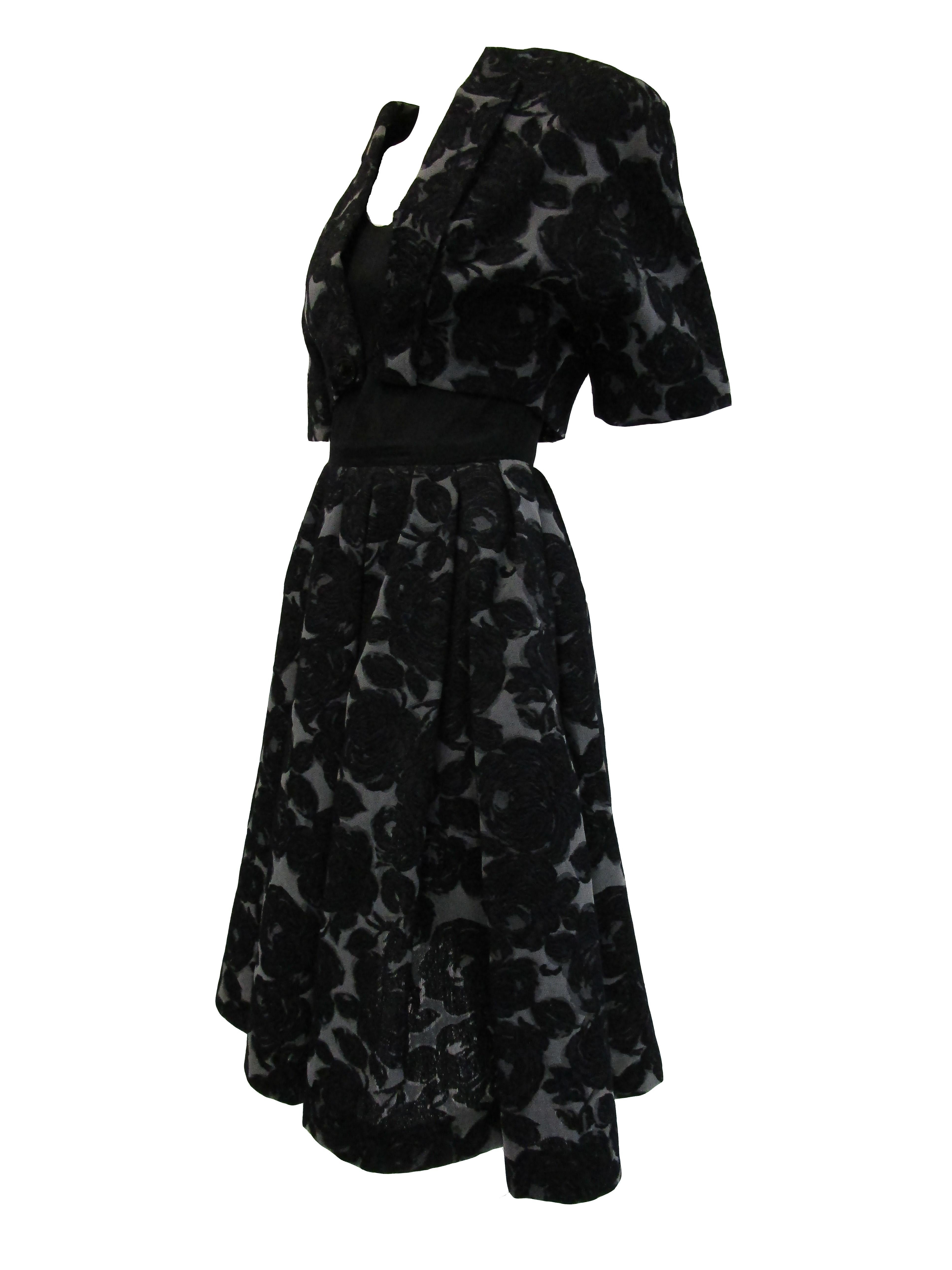 Rare 1950s Madame Gres licensed Black & Grey Embroidered Dress w/ Bolero Jacket For Sale 4