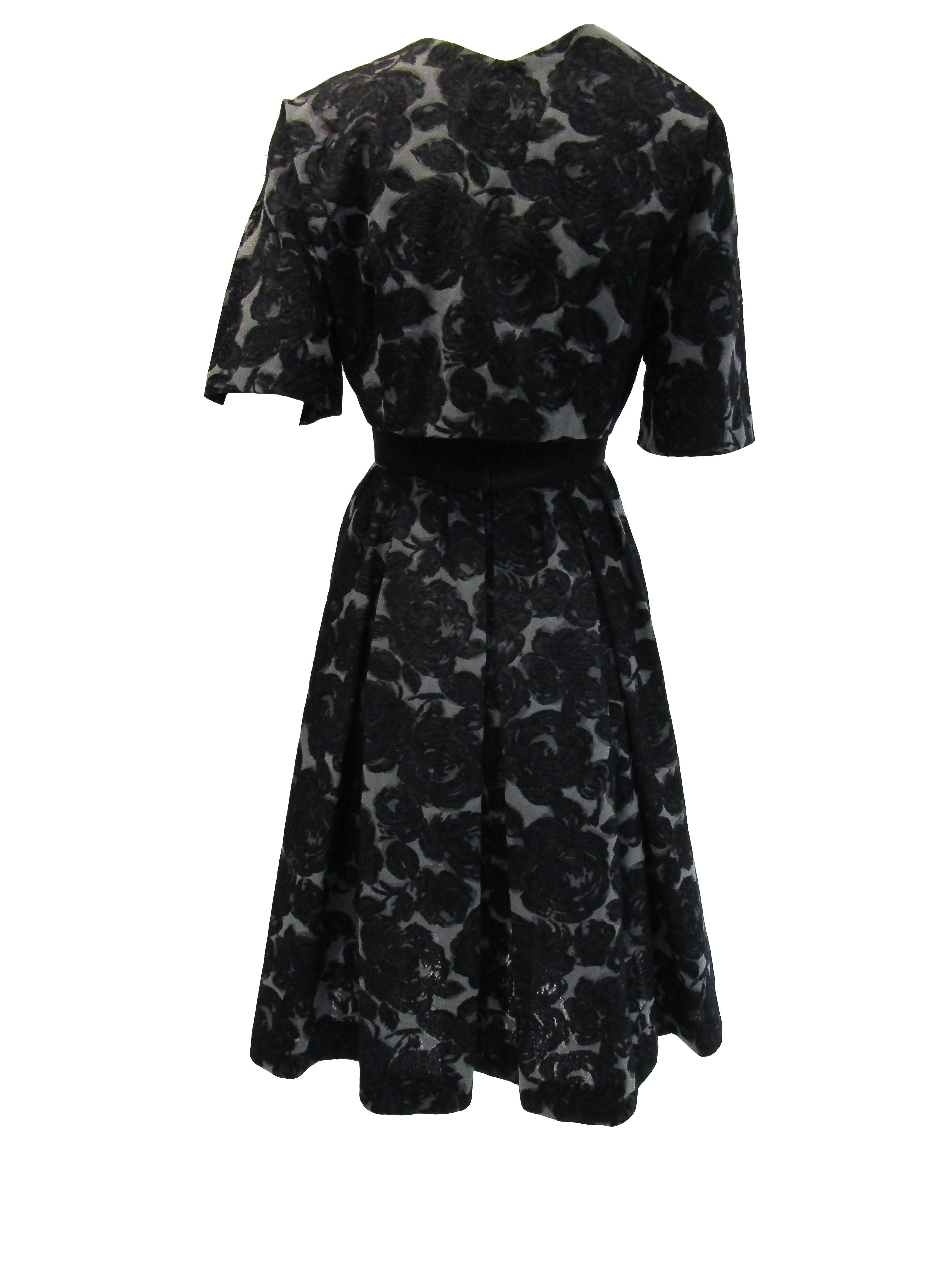 Rare 1950s Madame Gres licensed Black & Grey Embroidered Dress w/ Bolero Jacket For Sale 5