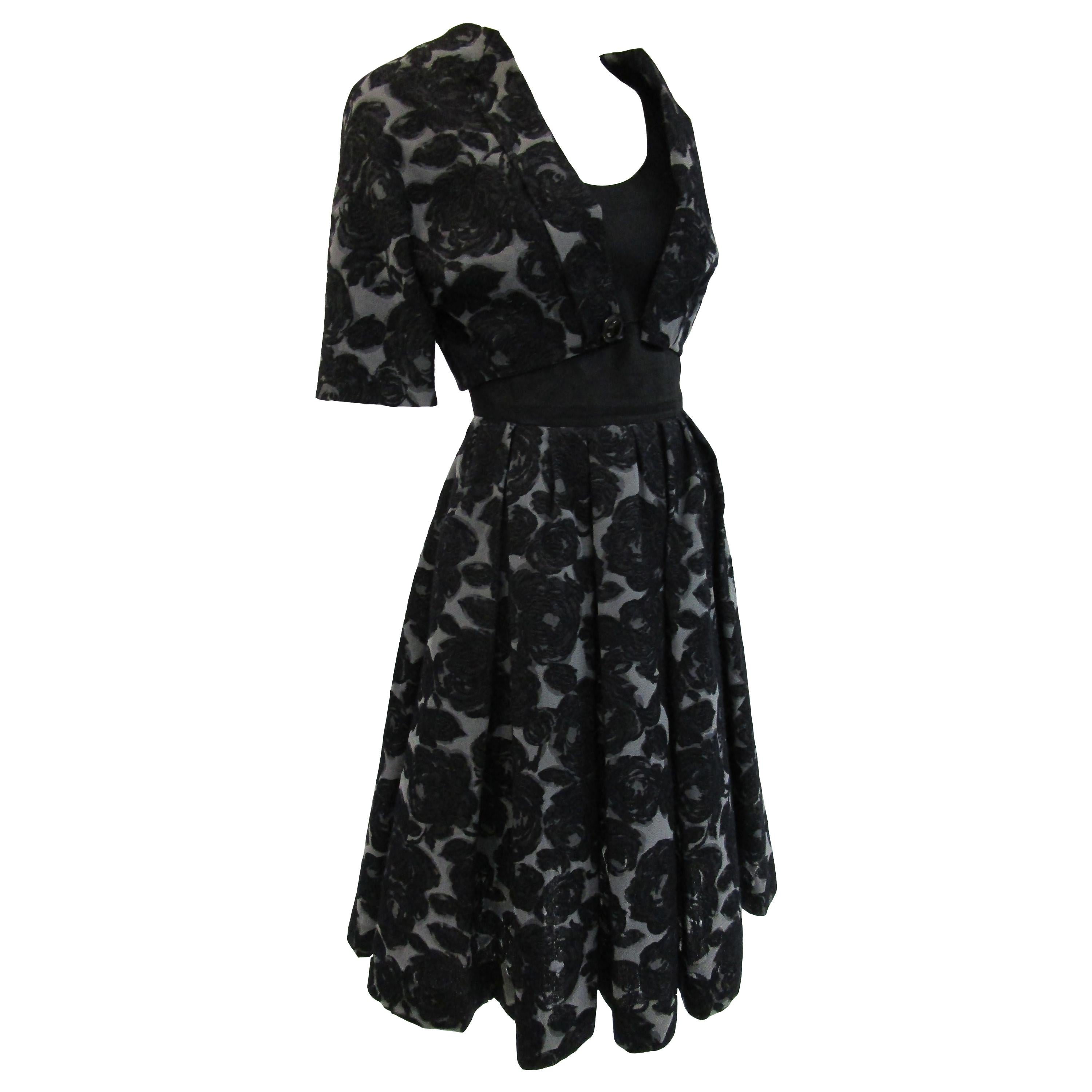 Rare 1950s Madame Gres licensed Black & Grey Embroidered Dress w/ Bolero Jacket For Sale