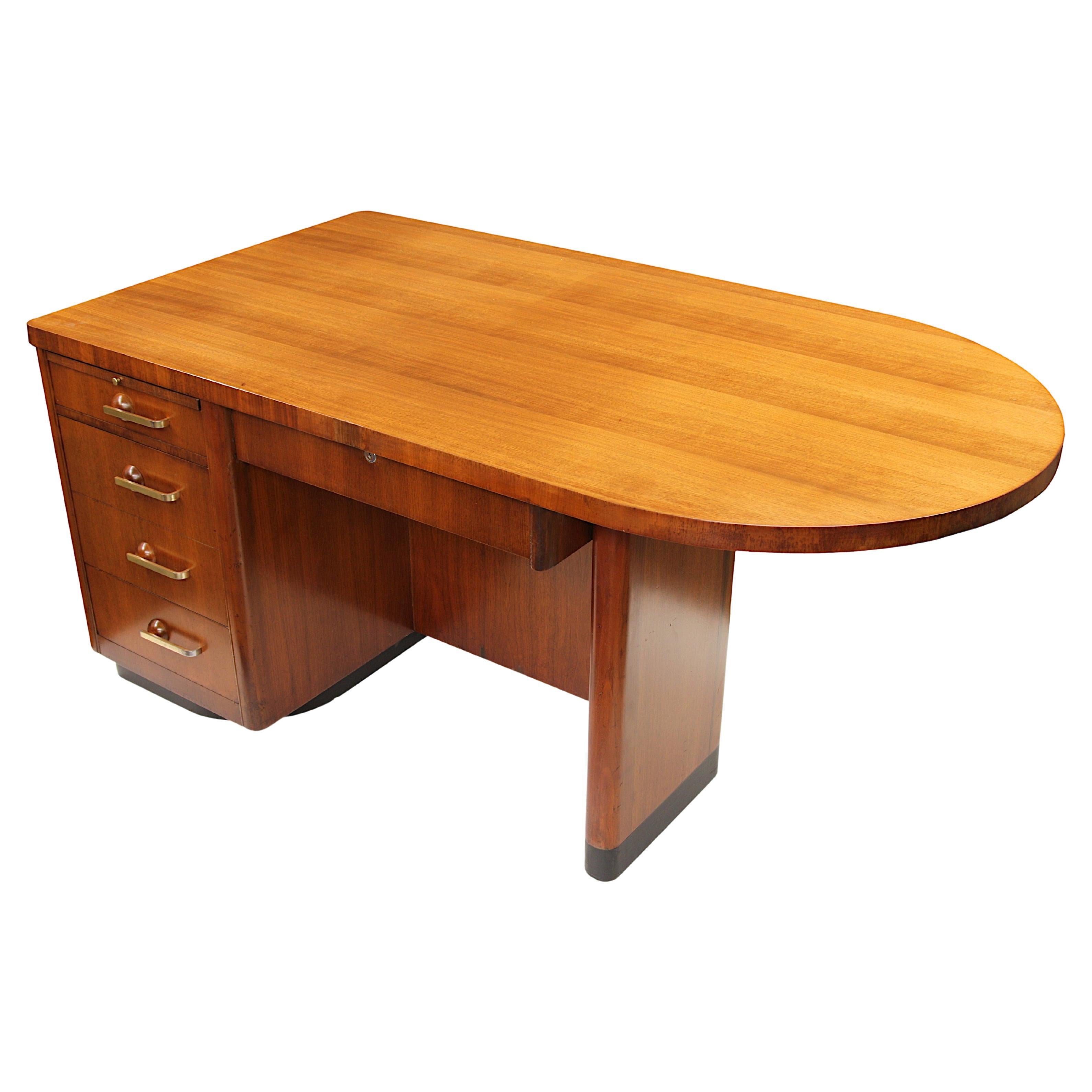 Rare 1950s Mid-Century Modern Art Deco Inspired Walnut Rounded Top Desk For Sale