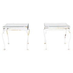Rare 1950s Mid Century Modern Woodard Wrought Iron & Mesh Glass Top End Tables