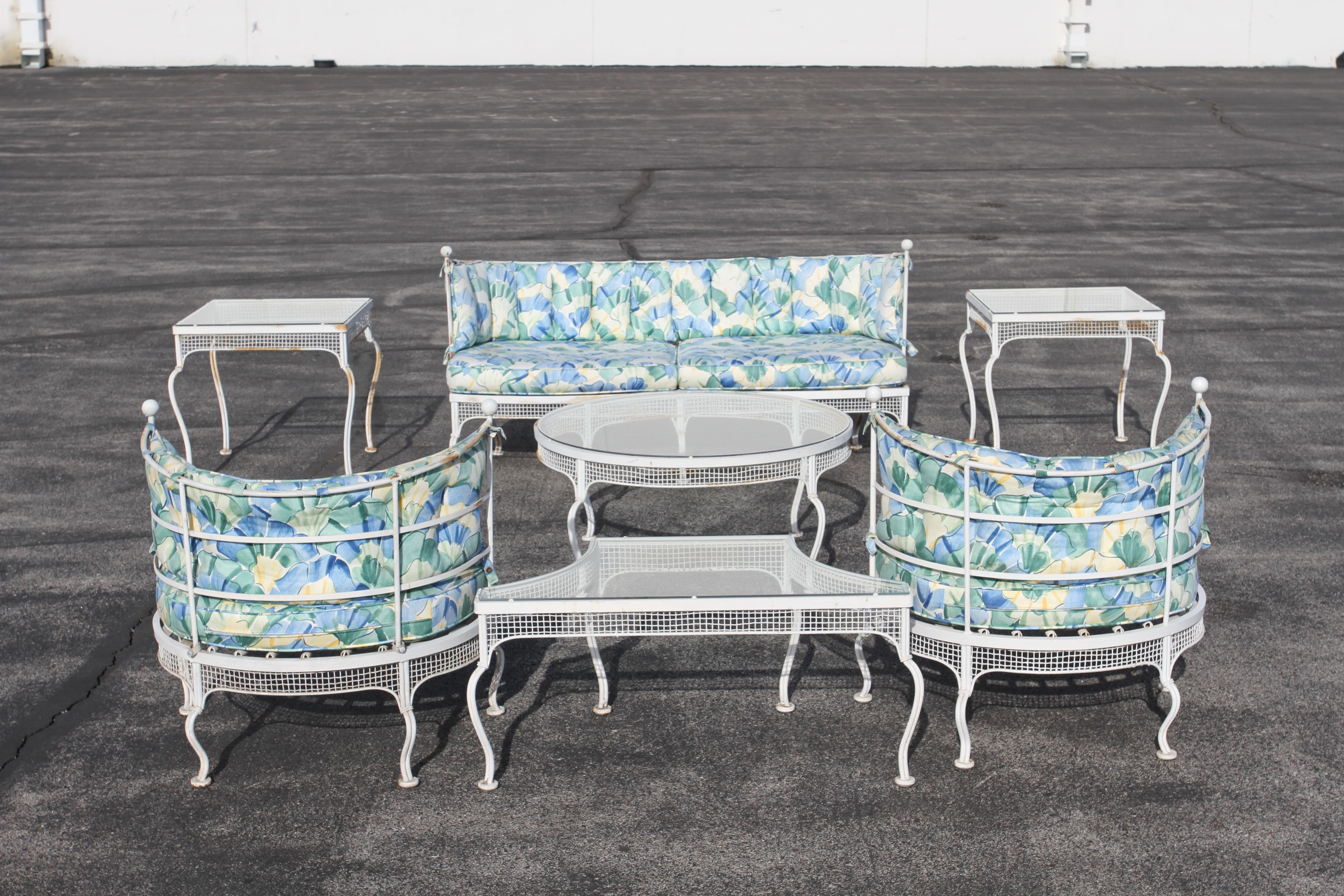 Rare 1950s Mid Century Modern Woodard Wrought Iron & Mesh Glass Top End Tables For Sale 4