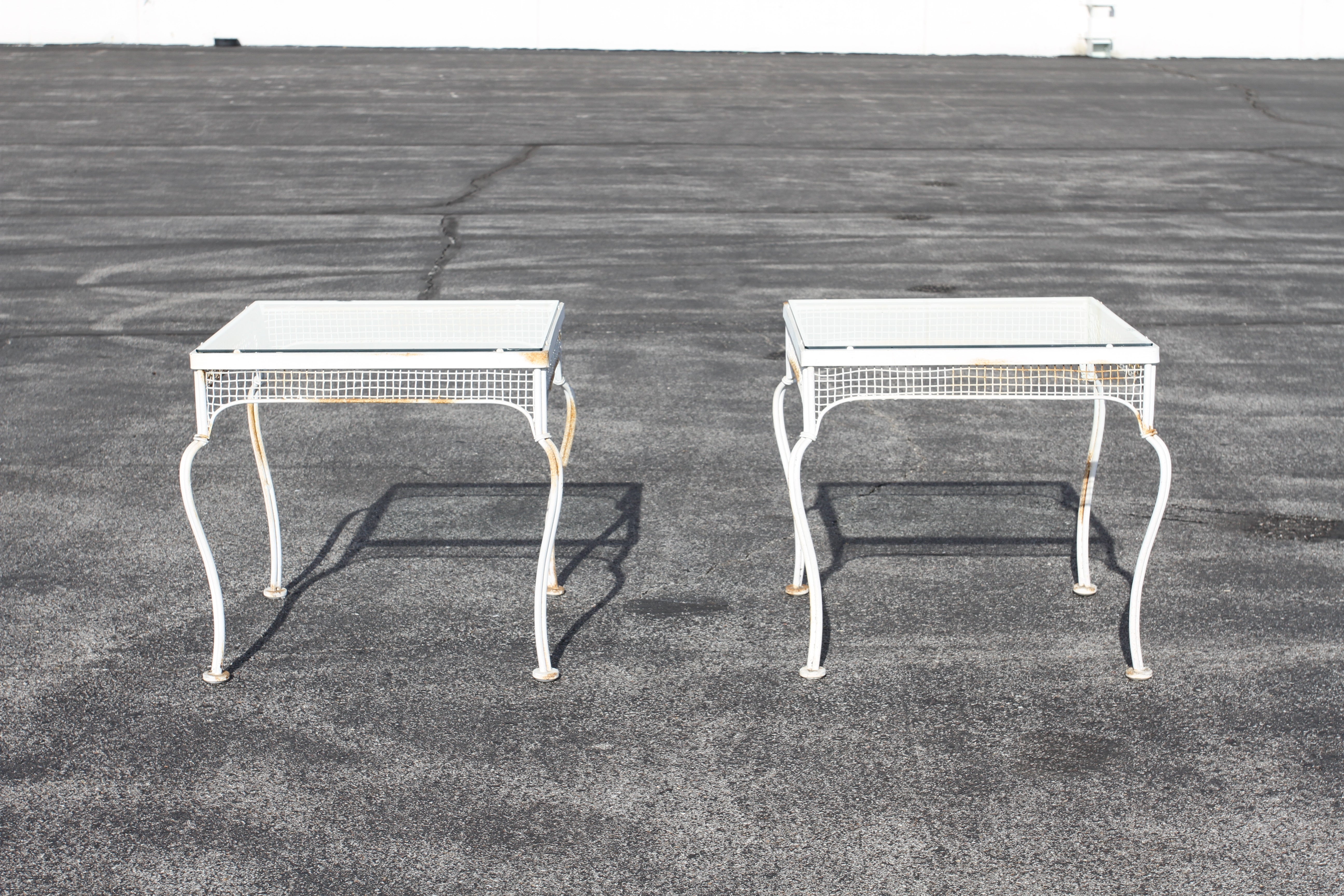 Mid-Century Modern Rare 1950s Mid Century Modern Woodard Wrought Iron & Mesh Glass Top End Tables For Sale