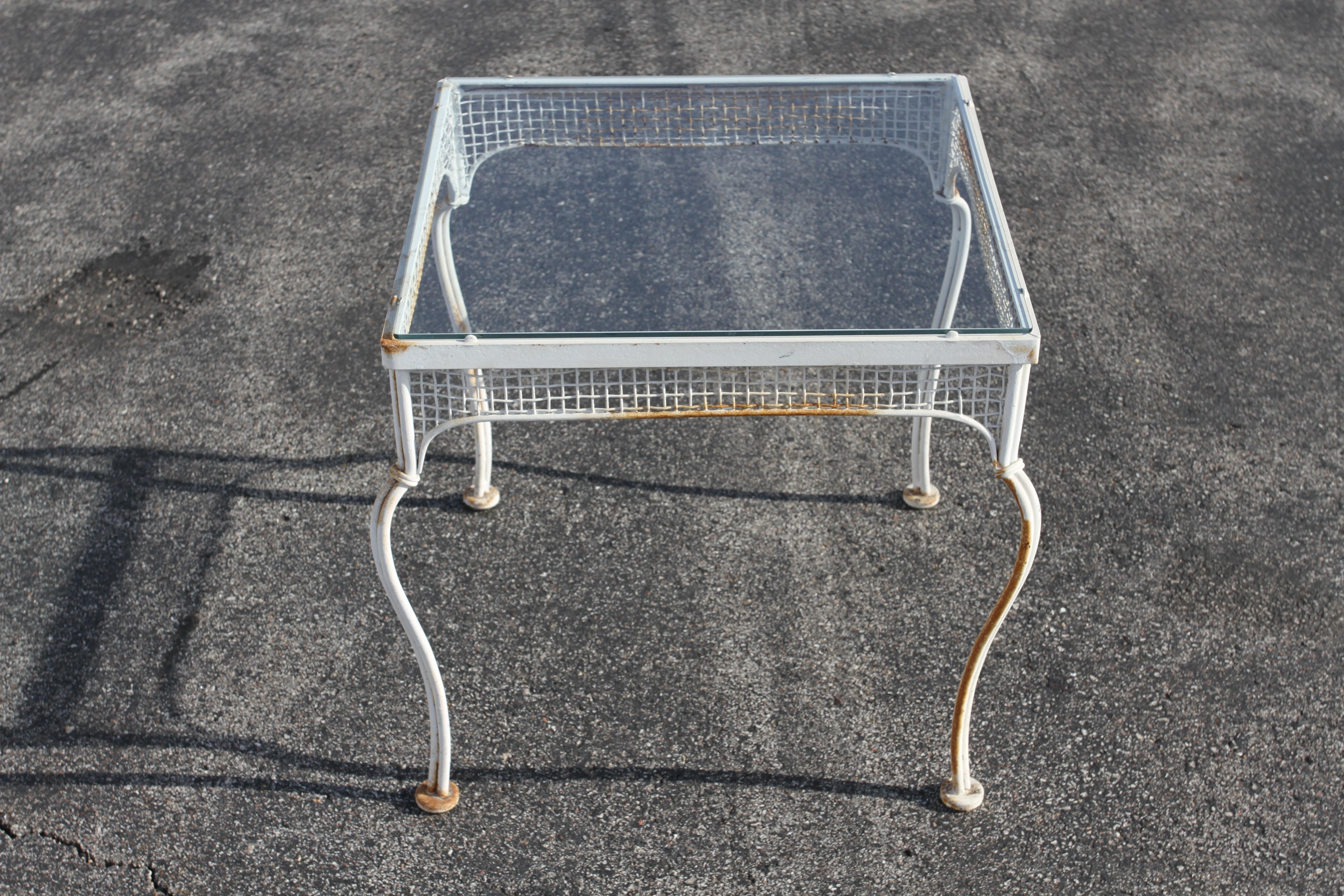 Mid-20th Century Rare 1950s Mid Century Modern Woodard Wrought Iron & Mesh Glass Top End Tables For Sale
