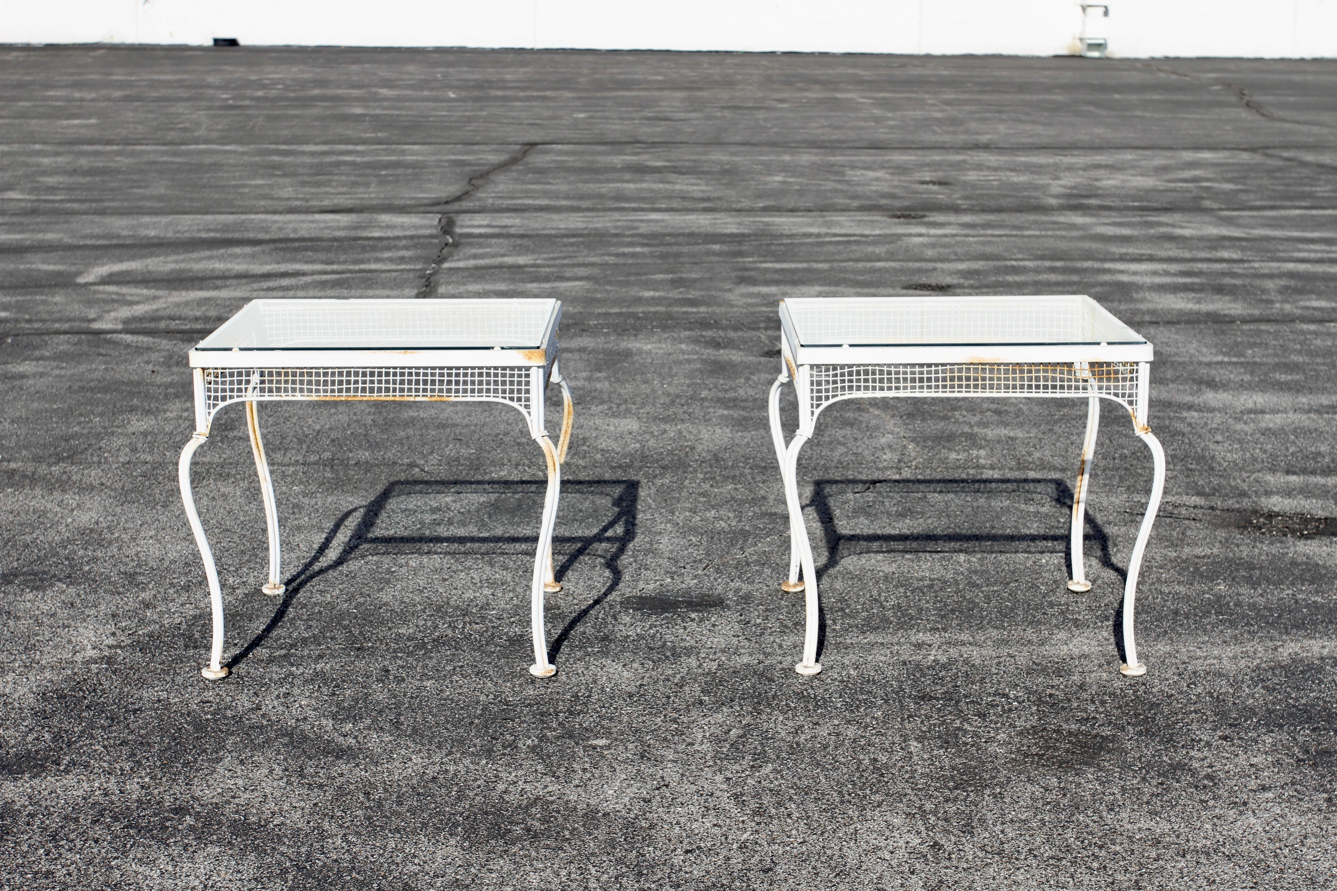 Rare 1950s Mid Century Modern Woodard Wrought Iron & Mesh Glass Top End Tables For Sale 1
