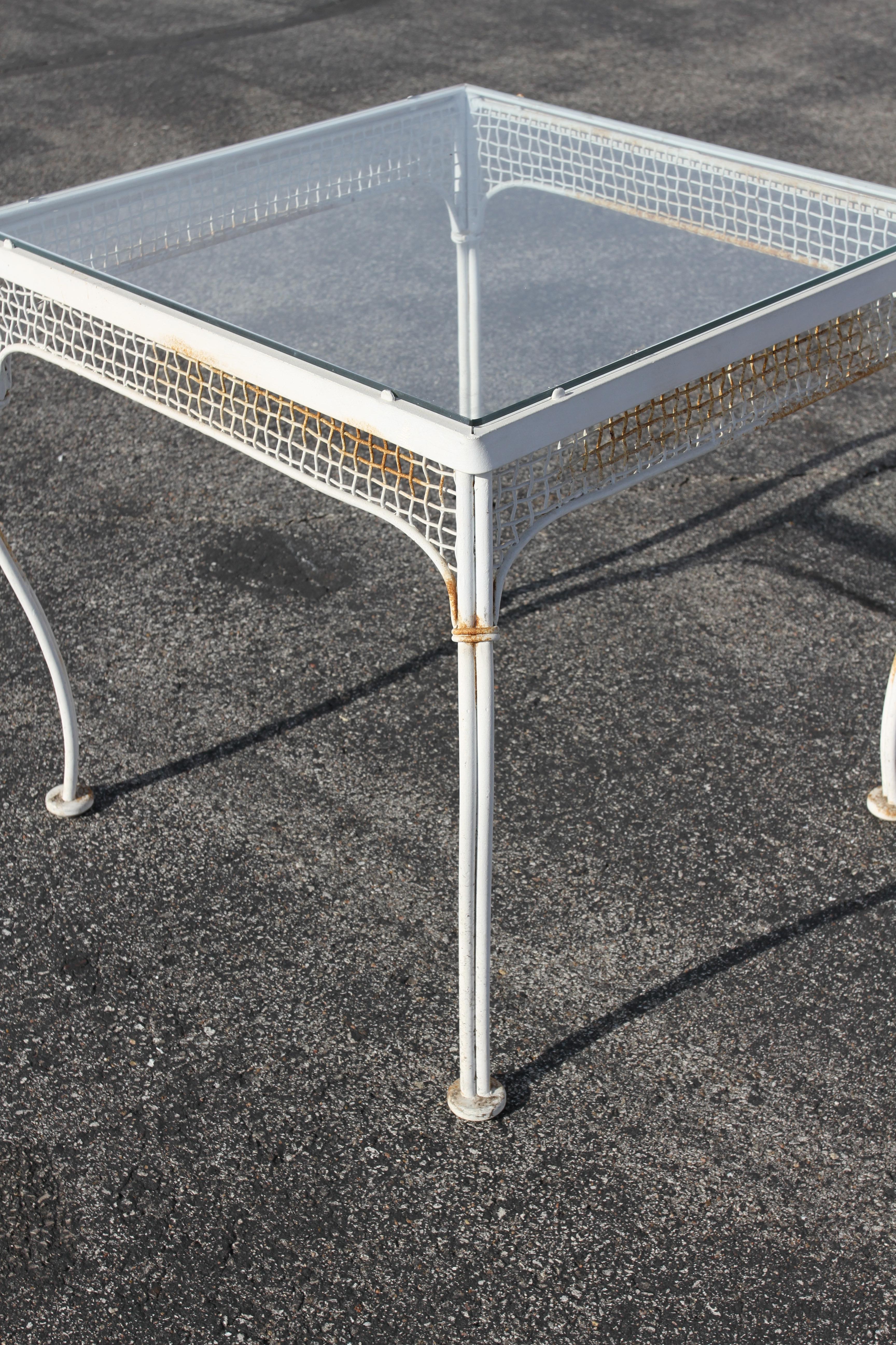 Rare 1950s Mid Century Modern Woodard Wrought Iron & Mesh Glass Top End Tables For Sale 3